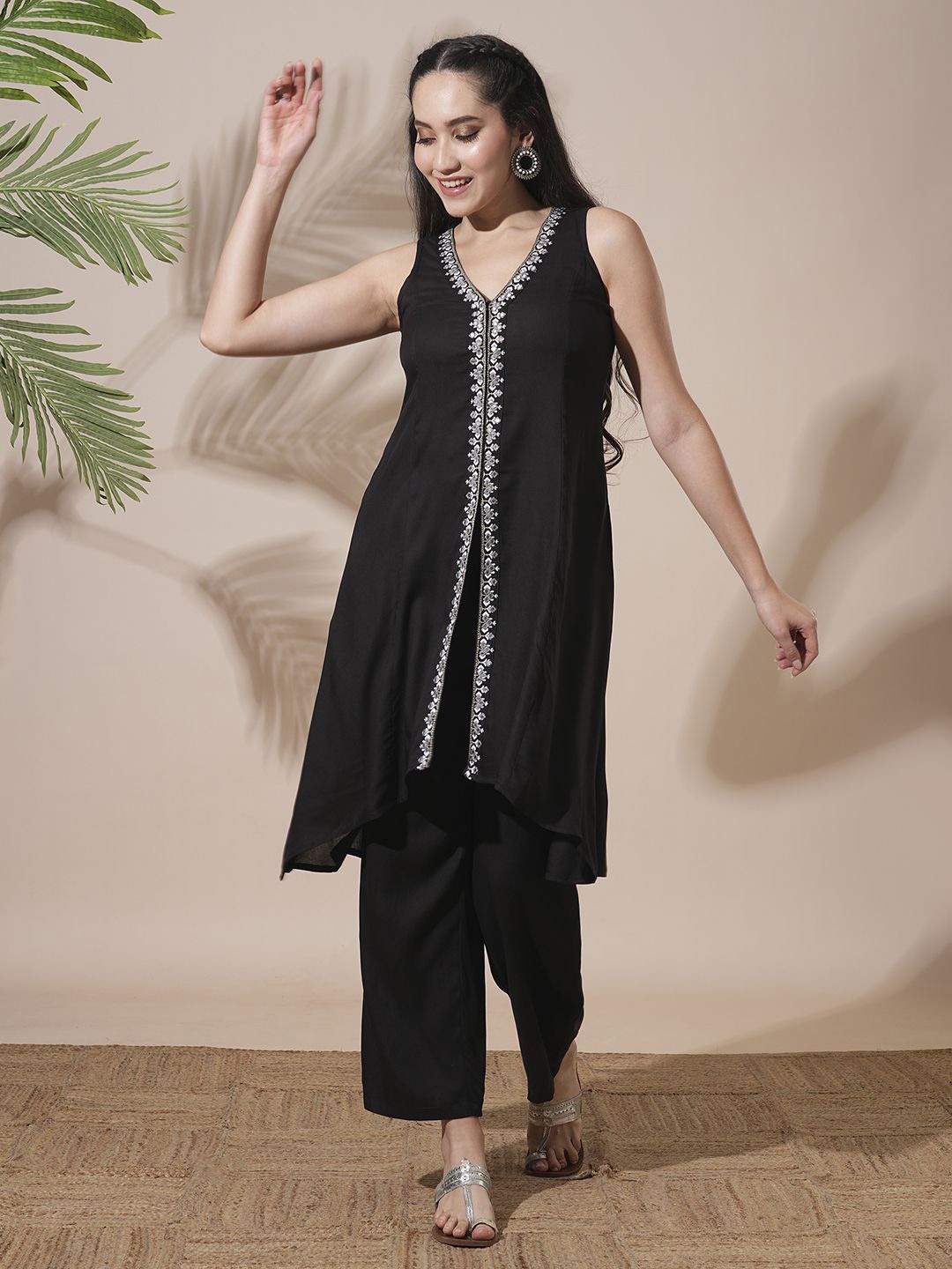 

Globus V-Neck Embroidered & Mirror Work High-Low Hem A-Line Kurta & Trousers, Black