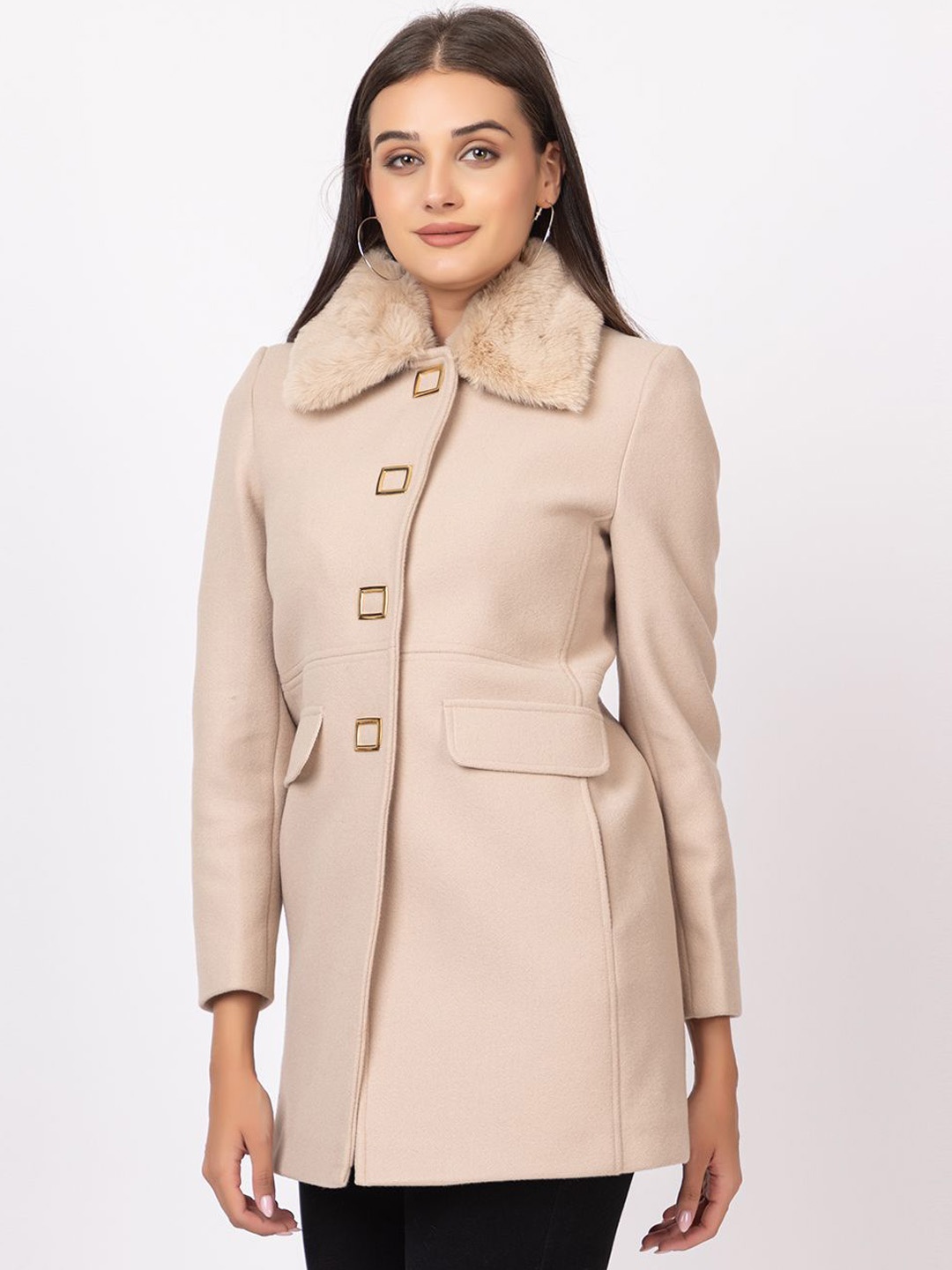 

TWENTY ME Single-Breasted Long Sleeve Overcoat, Beige