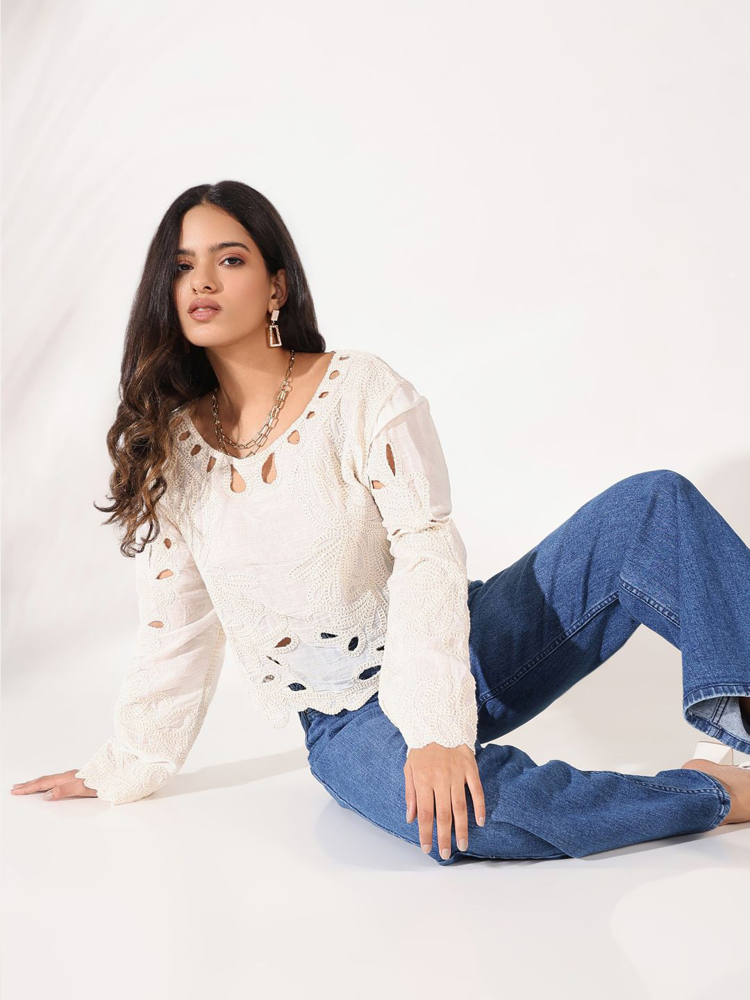 

SHOWOFF Women Floral Embroidered Long Sleeves Top, Cream