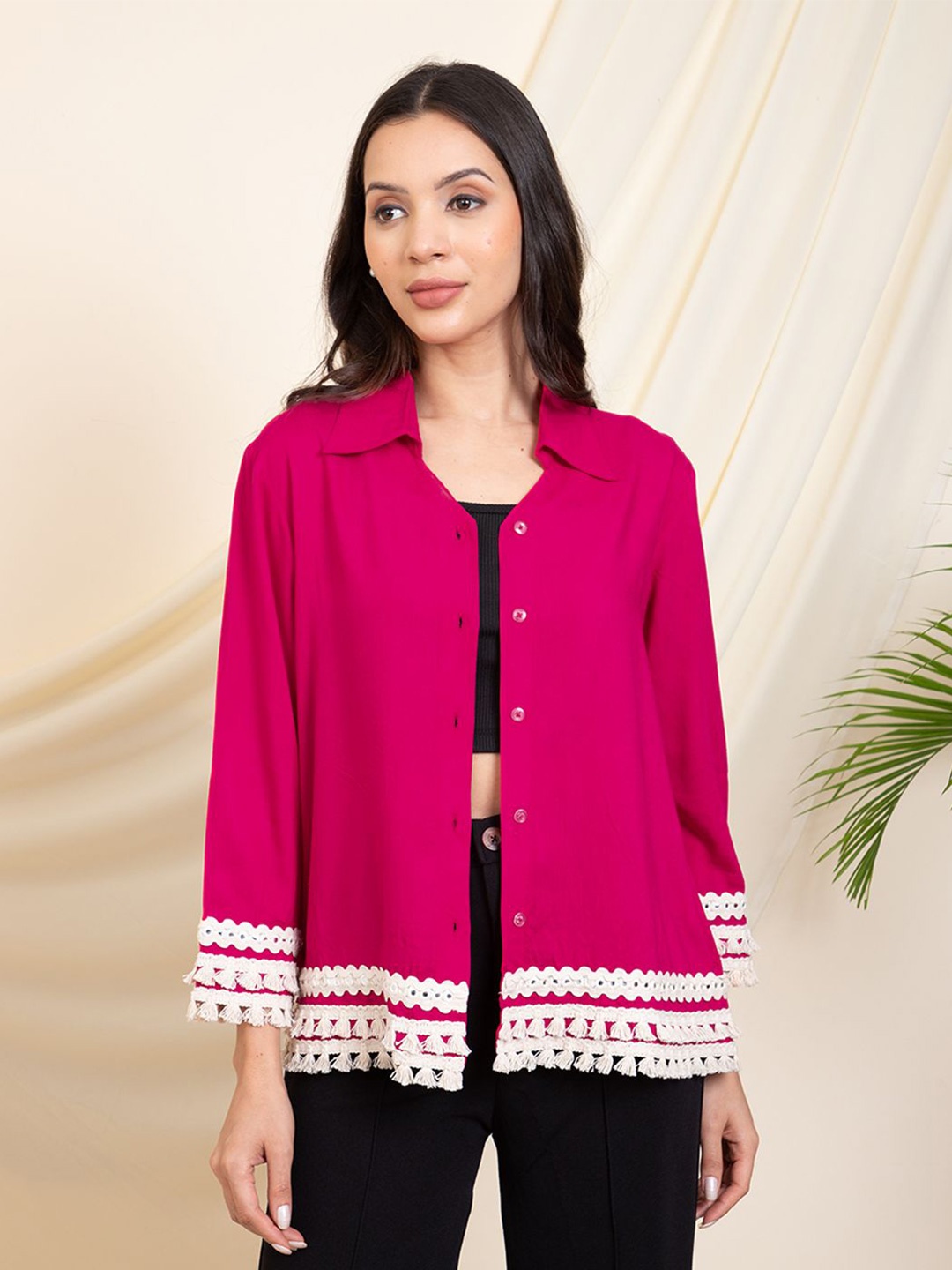

DEEBACO Women Relaxed Spread Collar Solid Relaxed Fit Casual Shirt, Fuchsia