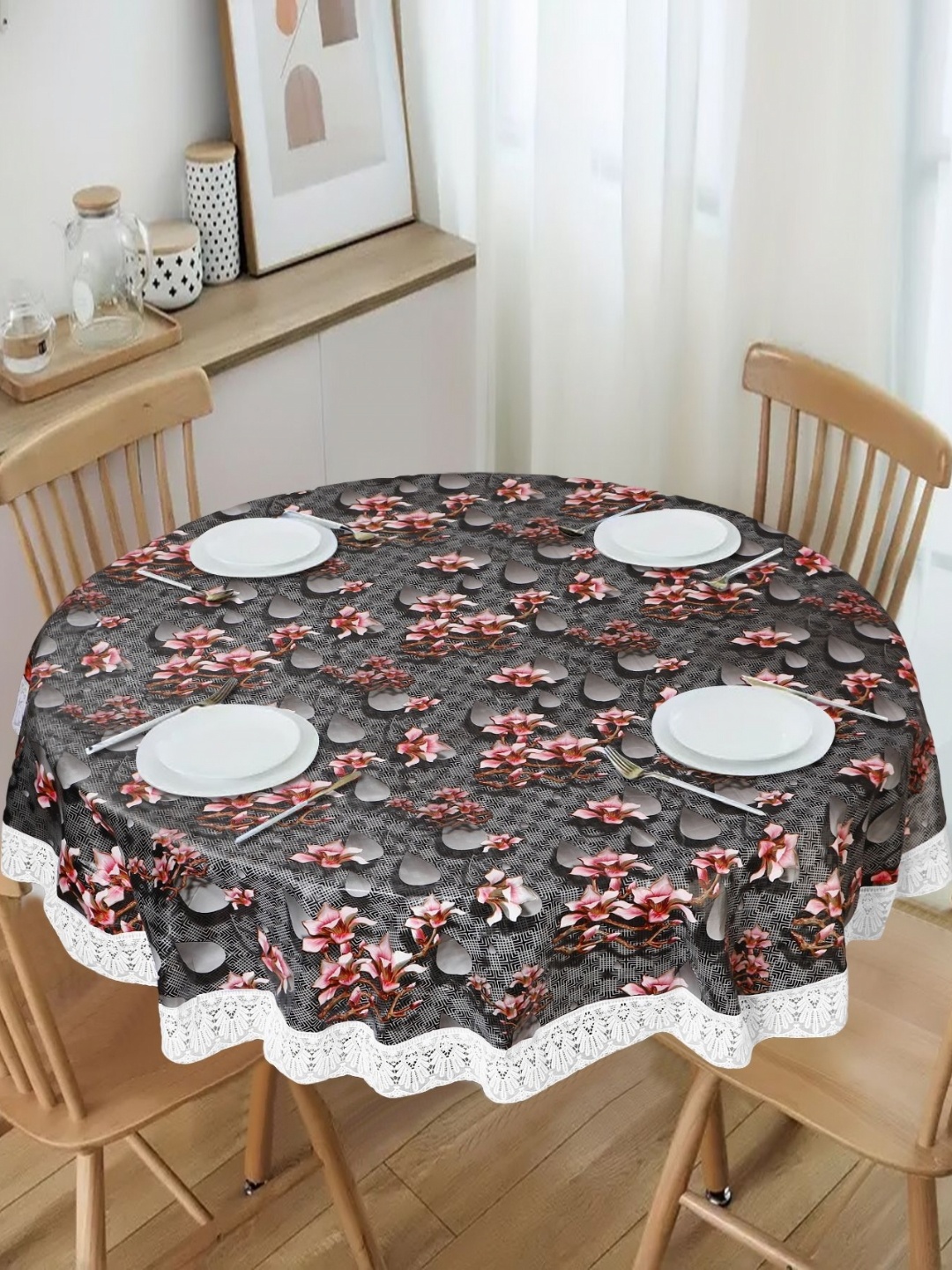 

Dakshya Industries Grey Floral Waterproof Plastic Round 6-Seater Table Cover