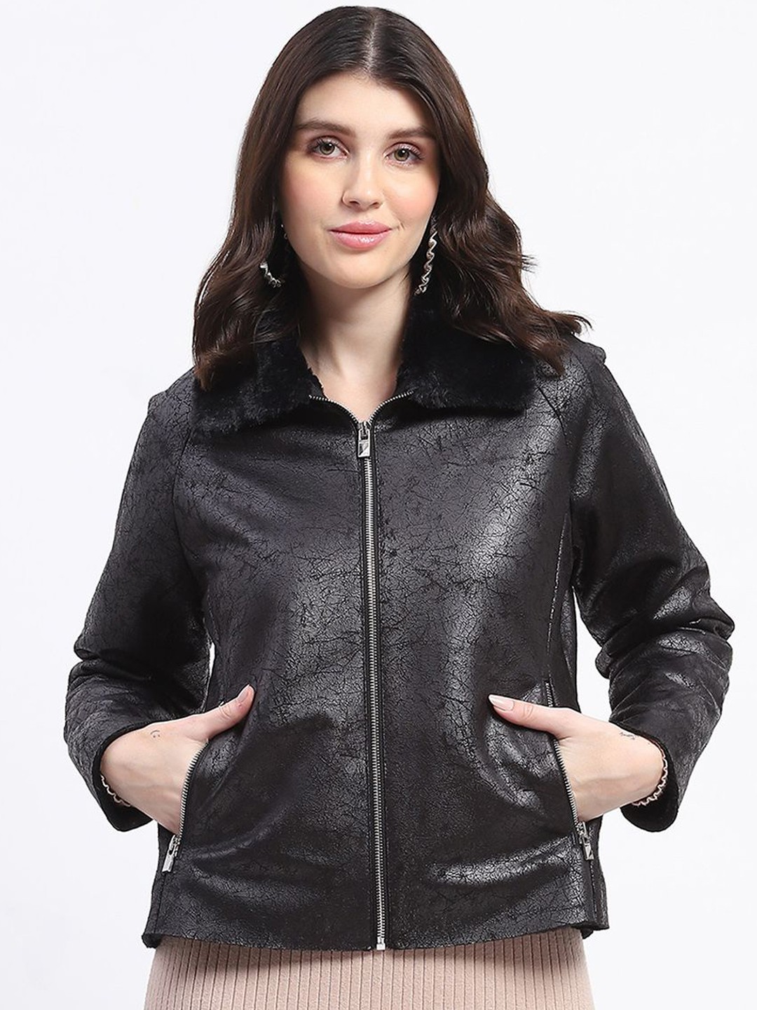 

Madame Women Floral Polyester Crop Biker Jacket, Black