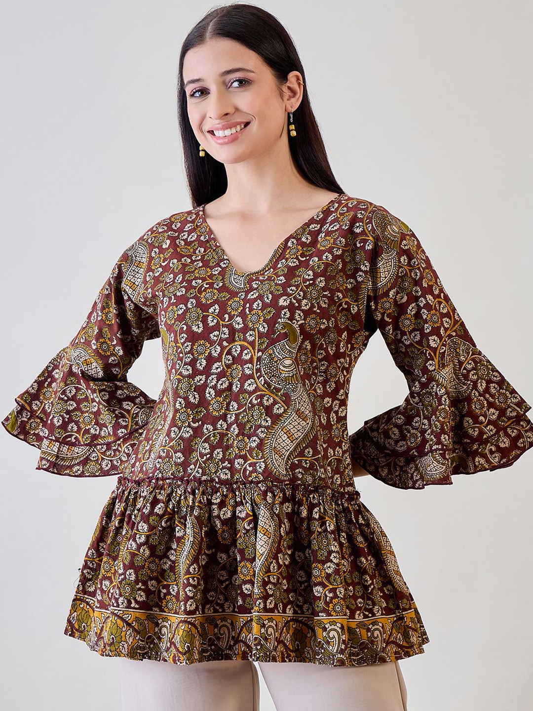 

The Kaftan Company Print Bell Sleeve Ruffles Cotton Peplum Top, Brown