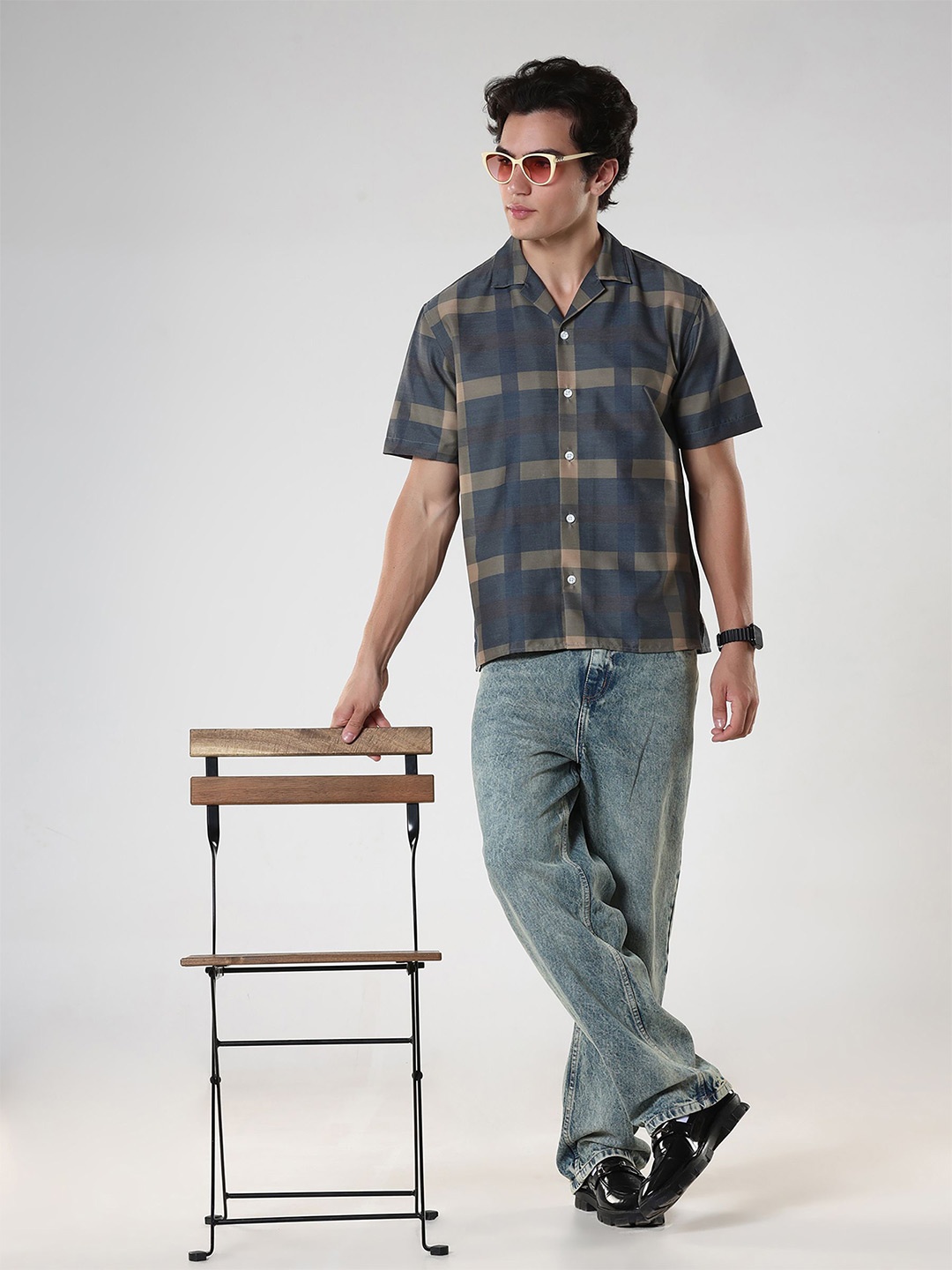 

Espanshe Men Custom Fit Cuban Collar Checked Oversized Casual Shirt, Blue