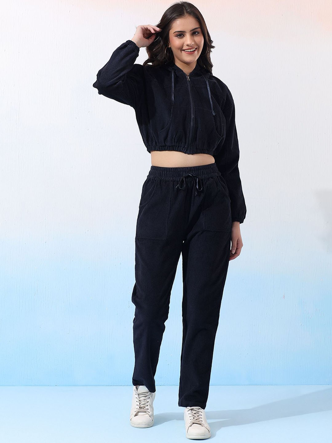 

Bani Winter Hooded Self Design Crop Jacket With Trouser, Navy blue