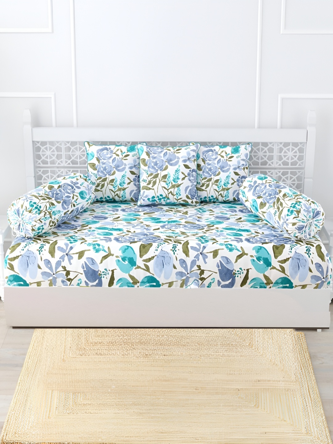 

Trance Home Linen 6-Pcs White & Blue Printed Cotton Diwan Set