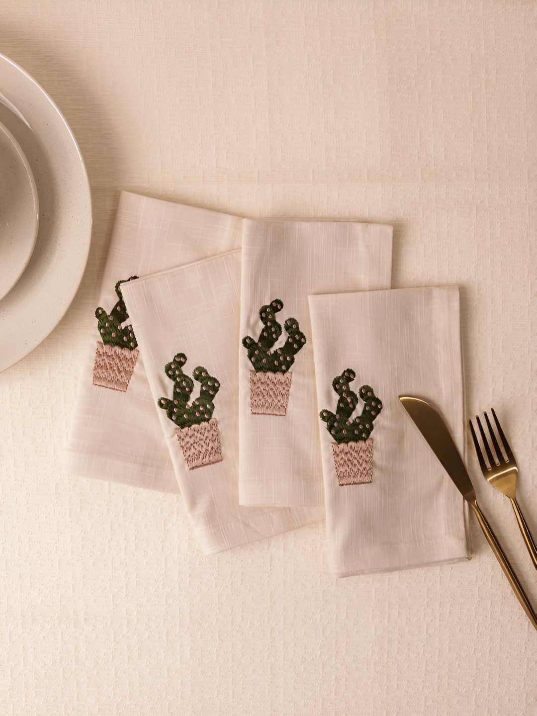 

Glimpse Homes Desert Bliss Beige 4 Pieces Embroidered Cotton Table Napkins