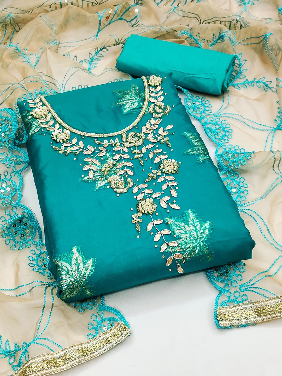 

Maroosh Embellished Organza Unstitched Dress Material, Turquoise blue