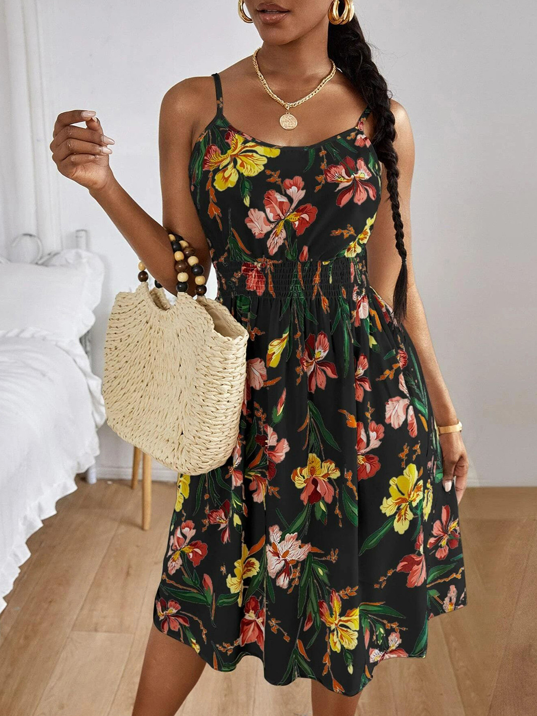 

Stylecast X Slyck Floral Printed A-Line Knee Length Dress, Black
