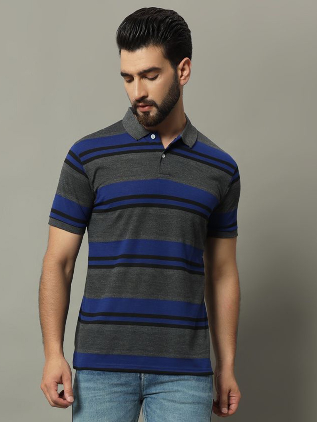 

GET GOLF Men Striped Polo Collar Cotton T-shirt, Grey