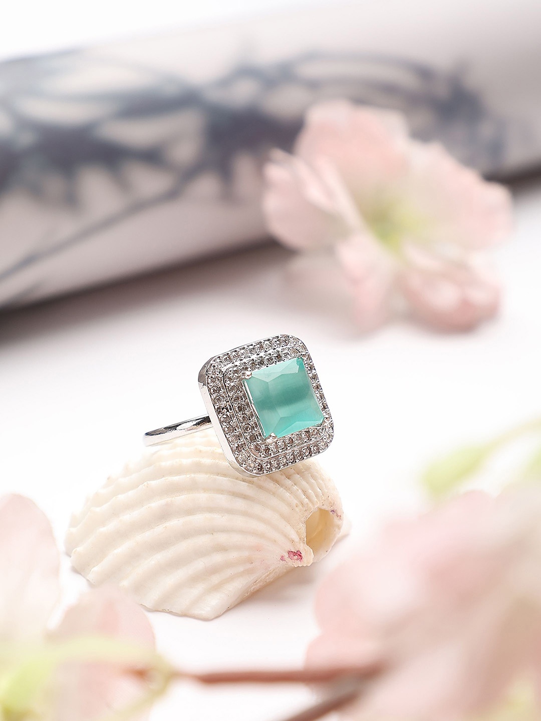 

ANIKAS CREATION Silver-Plated CZ & AD Studded Finger Ring