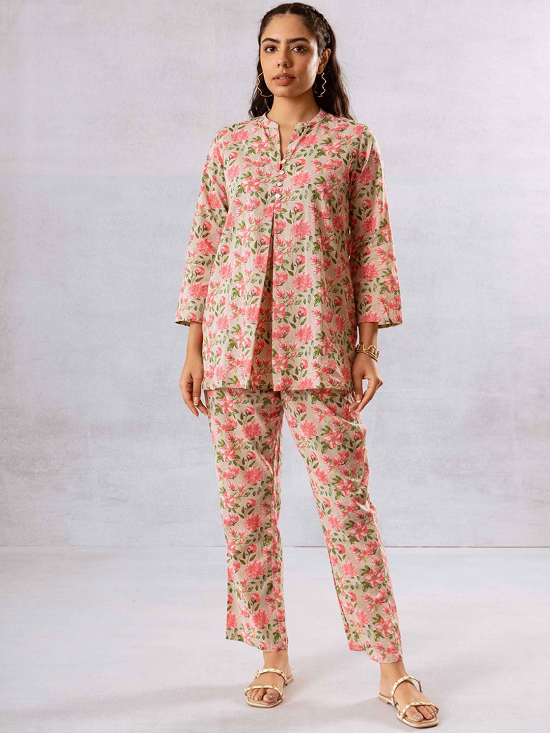 

HUKUM Printed Pure Cotton Tunic With Trousers Co-Ords Set, Beige