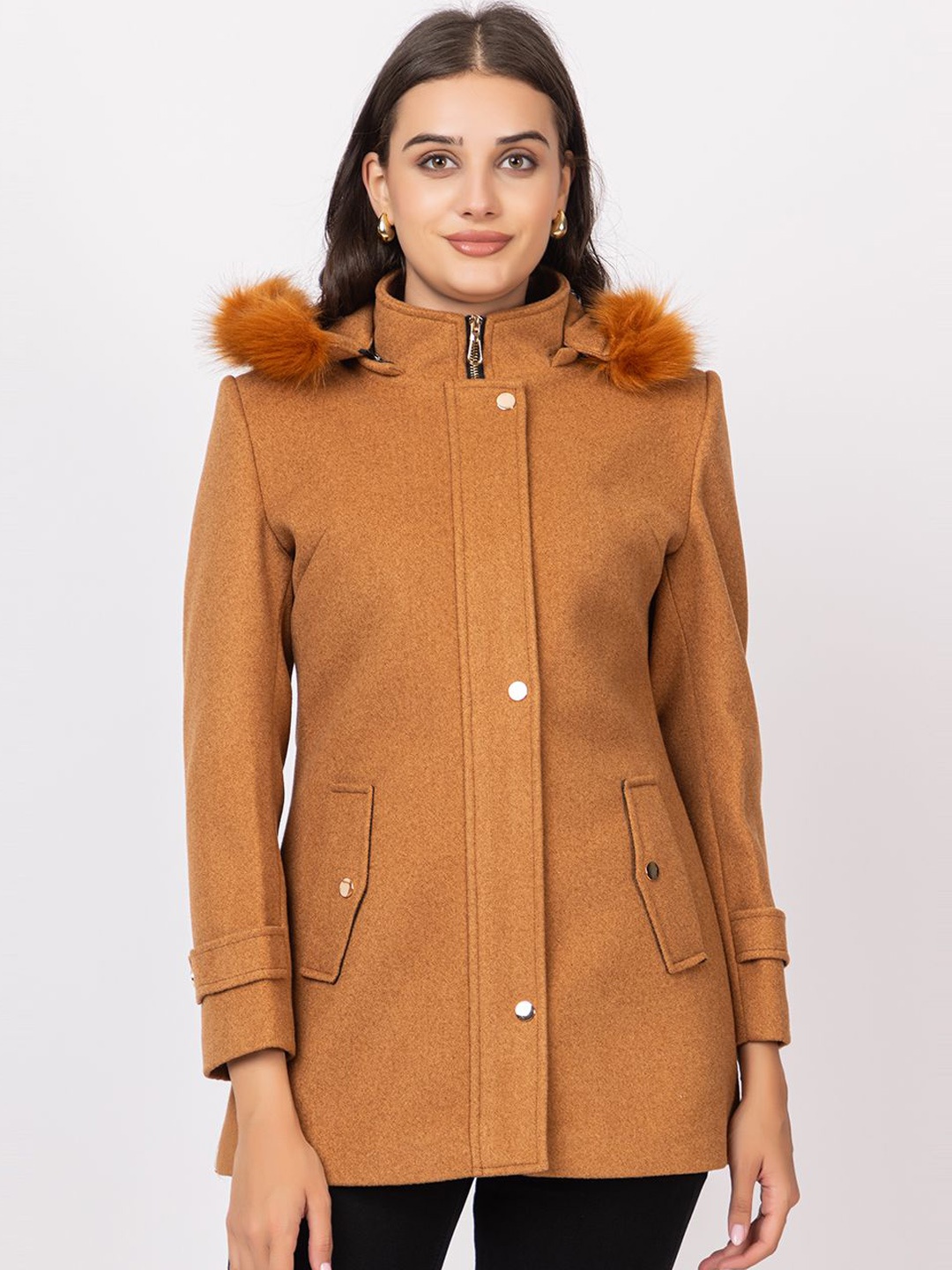 

TWENTY ME Single-Breasted Detachable Hooded Overcoat, Camel brown