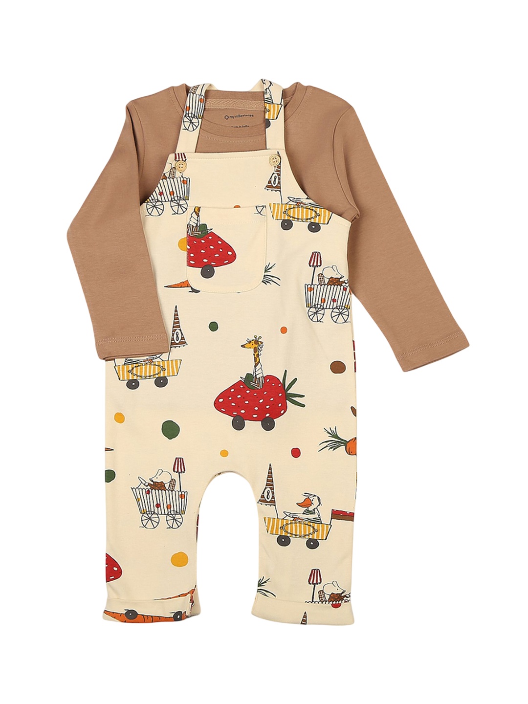 

My Milestones Infant Boys Printed Cotton Dungaree With T-Shirt, Brown