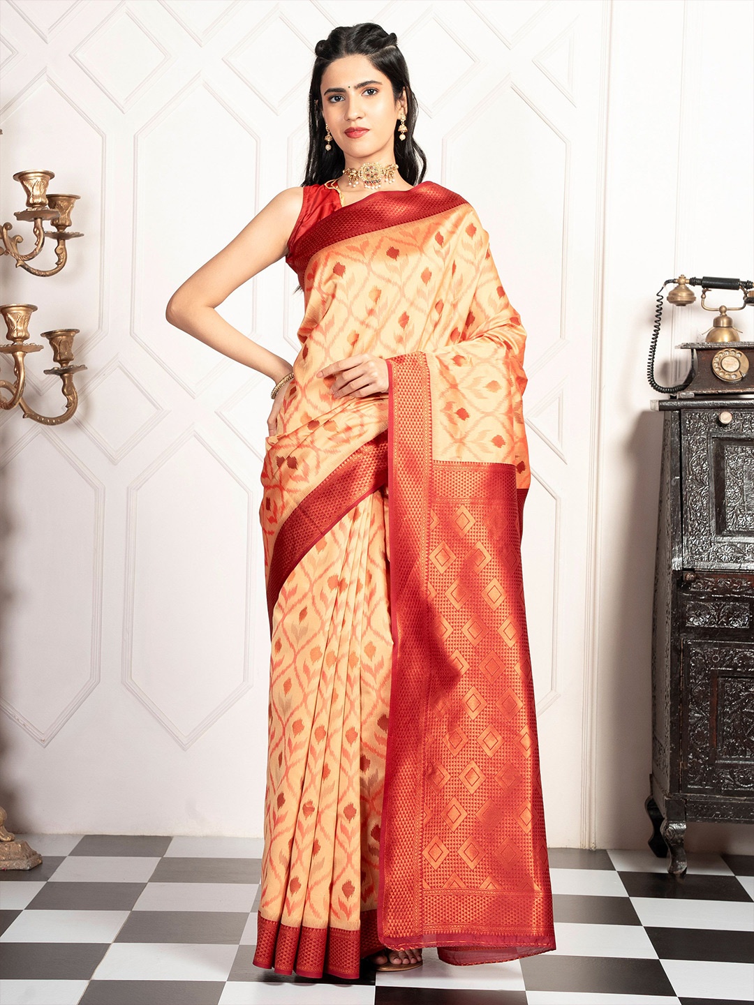 

MIMOSA Woven Design Zari Art Silk Pochampally Saree With Blouse Piece, Peach