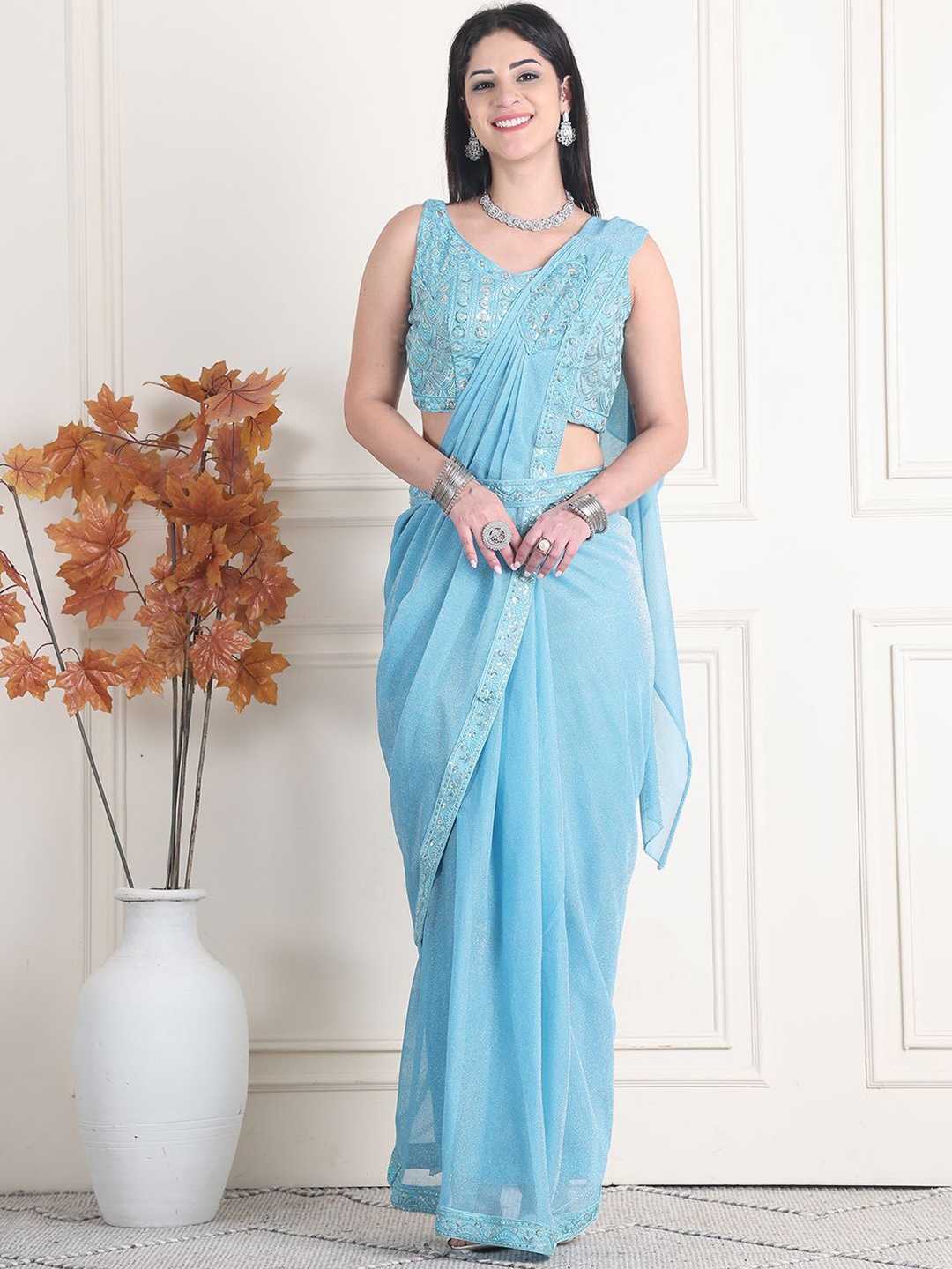 

Grancy Beads and Stones Ready to Wear Saree, Blue