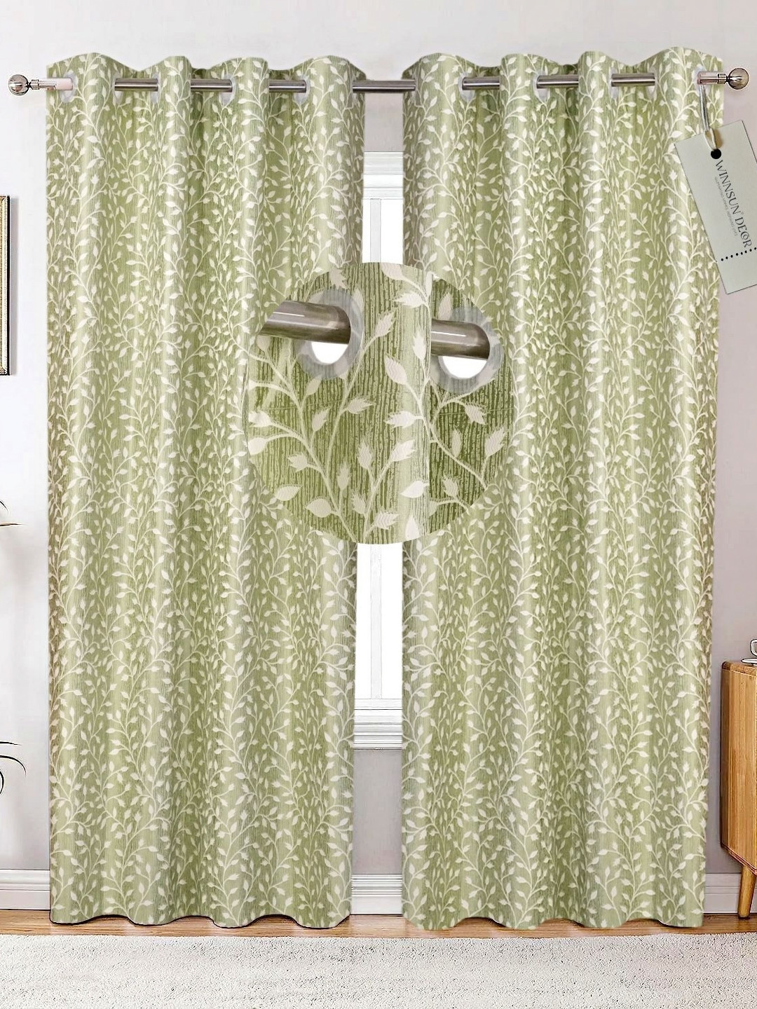 

Winnsun Green & White Set of 2 Floral Room Darkening Door Curtain