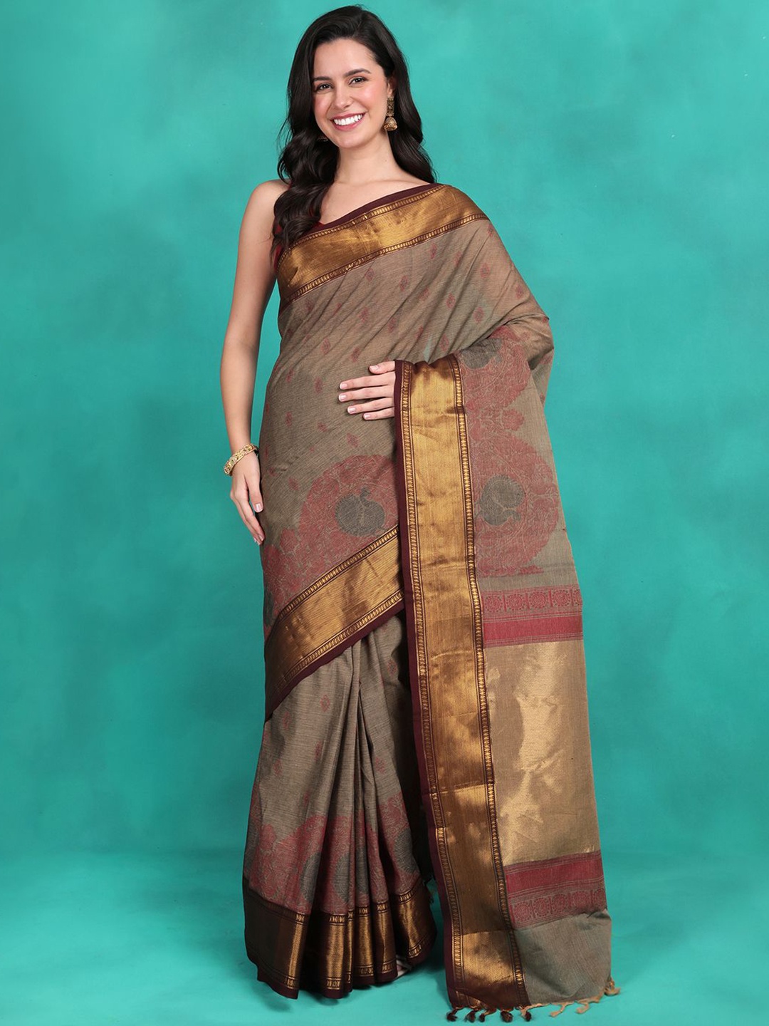 

Sangria Woven Design Tasseled Saree With Blouse Piece, Brown