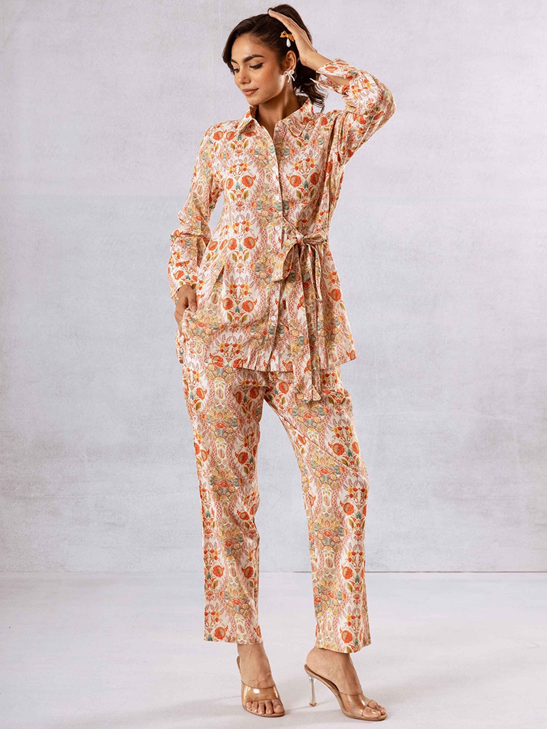 

HUKUM Floral Printed Pure Cotton Shirt With Trousers Co-Ords, Off white
