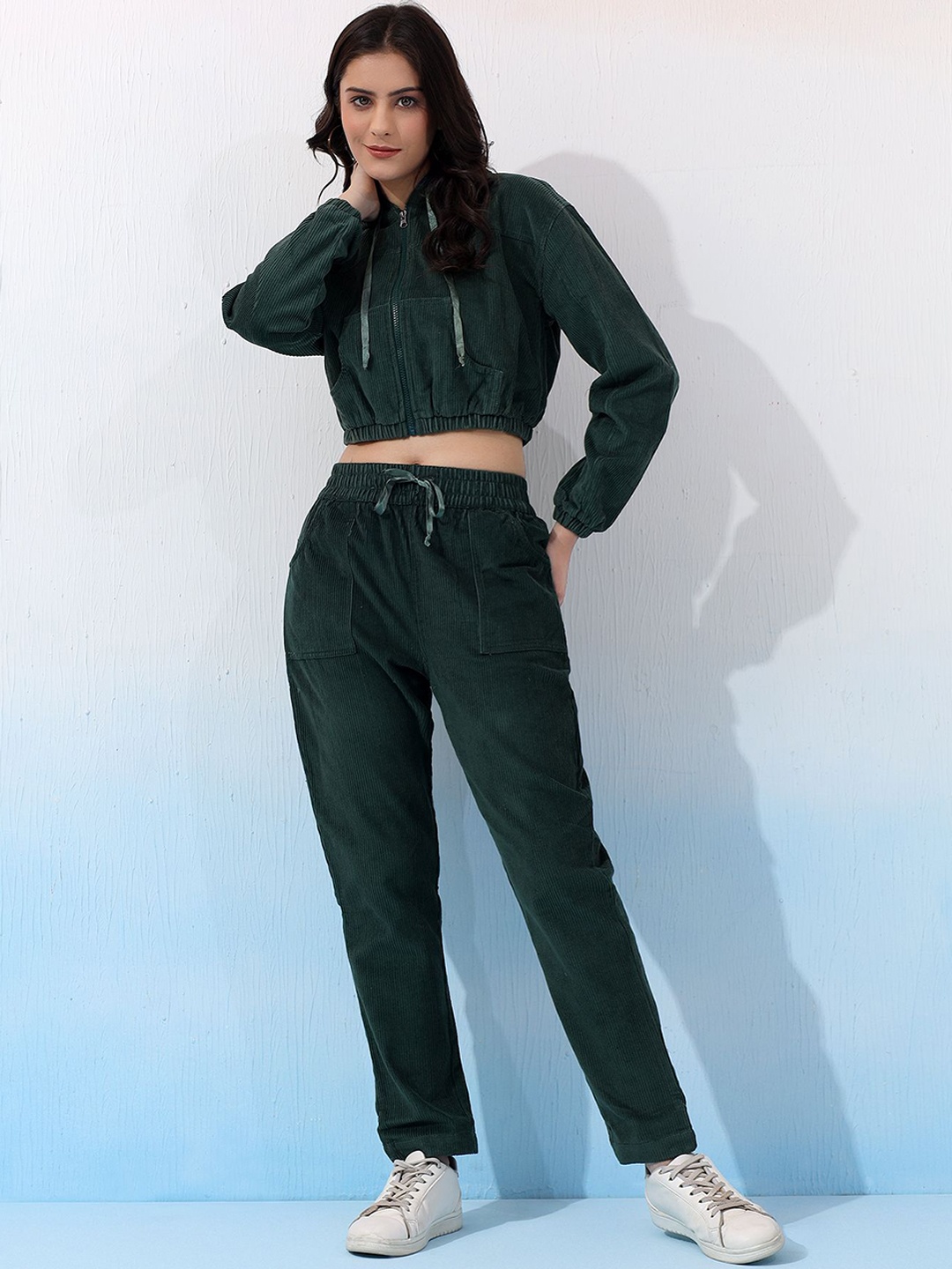 

Bani Women Winter Hooded Self Design Top With Trousers, Green