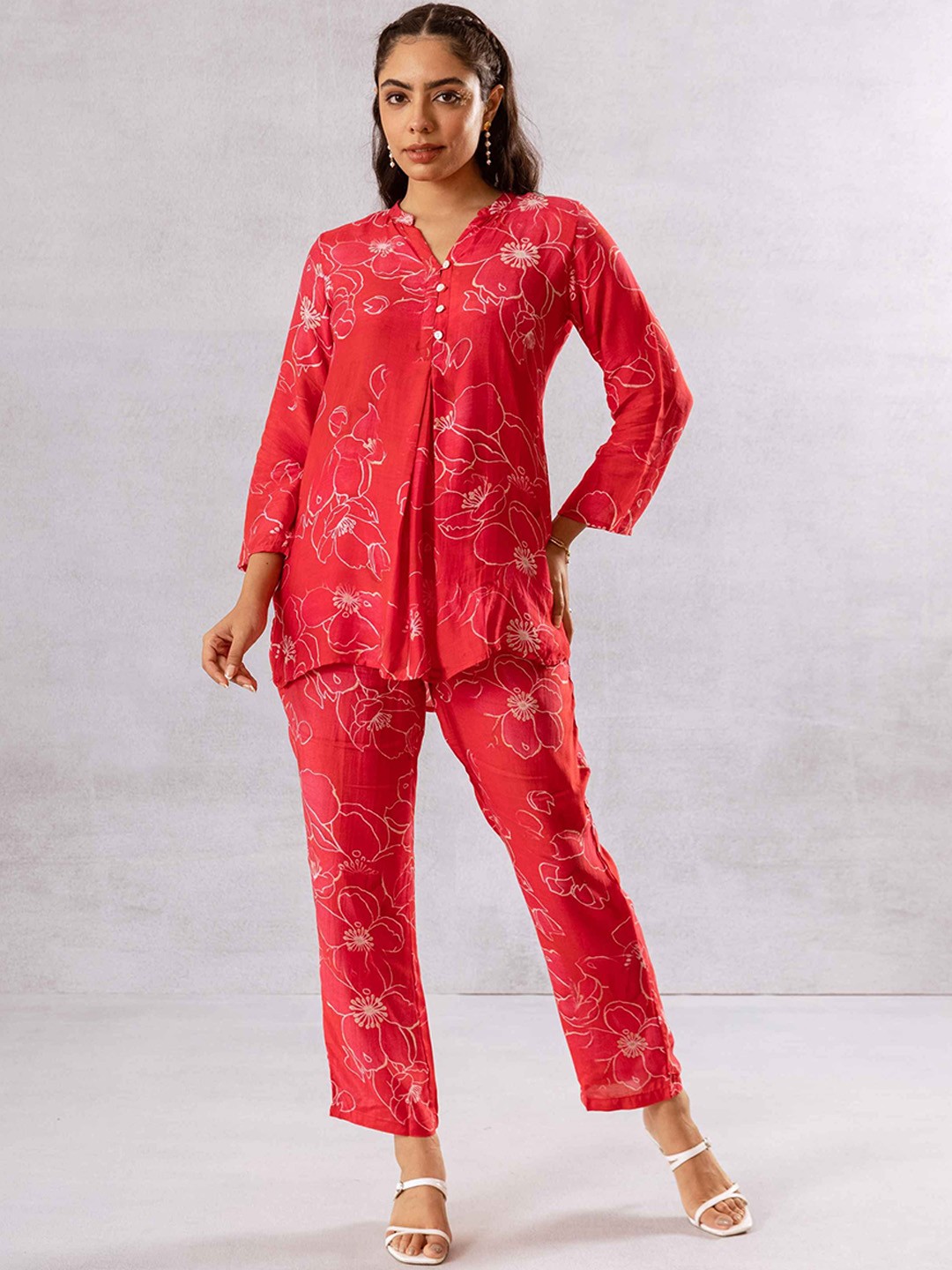 

HUKUM Printed Pure Silk Tunic With Trousers Co-Ords Set, Red