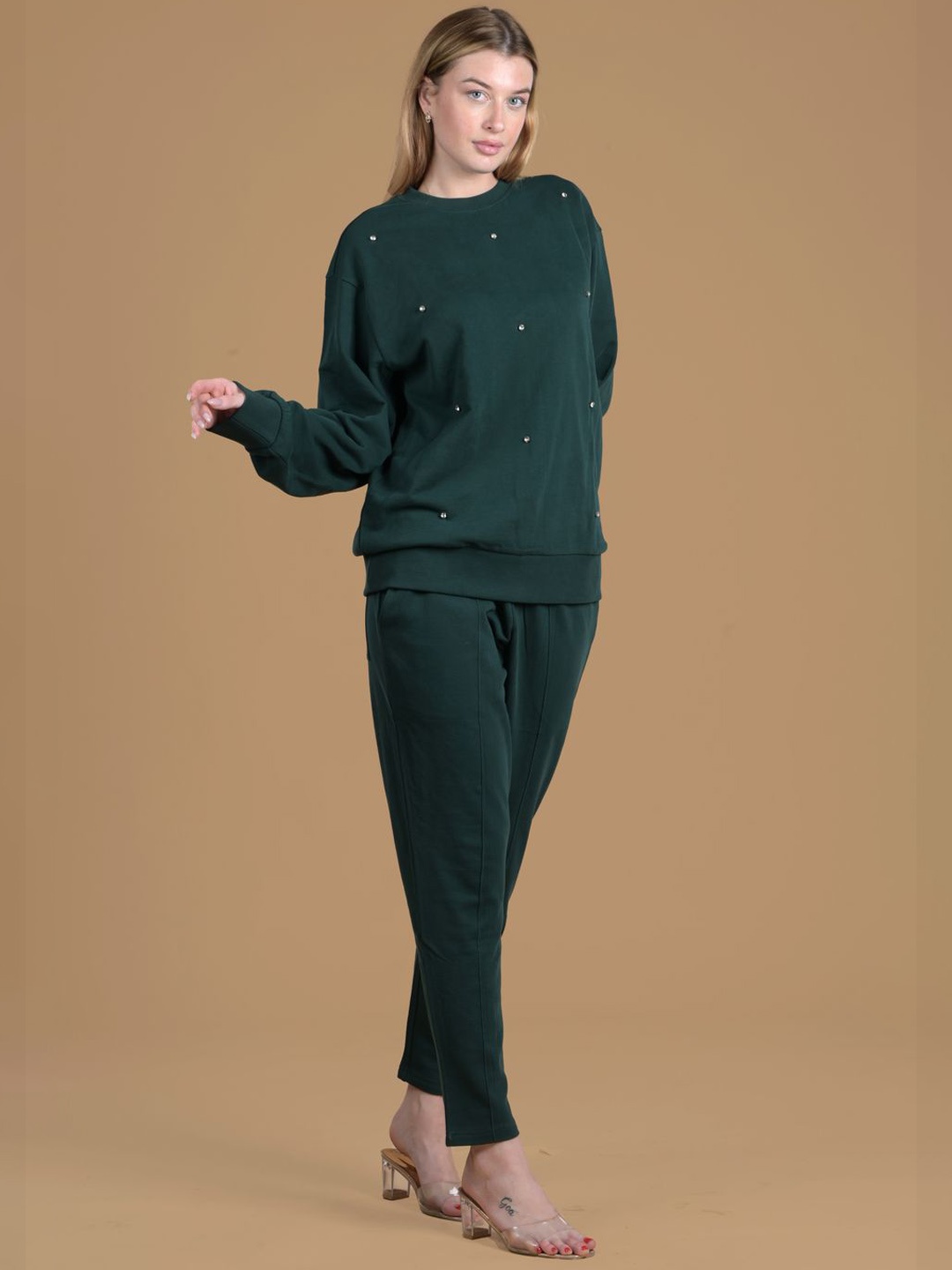 

Antimony Round Neck Embellished Sweatshirt With Trouser, Green