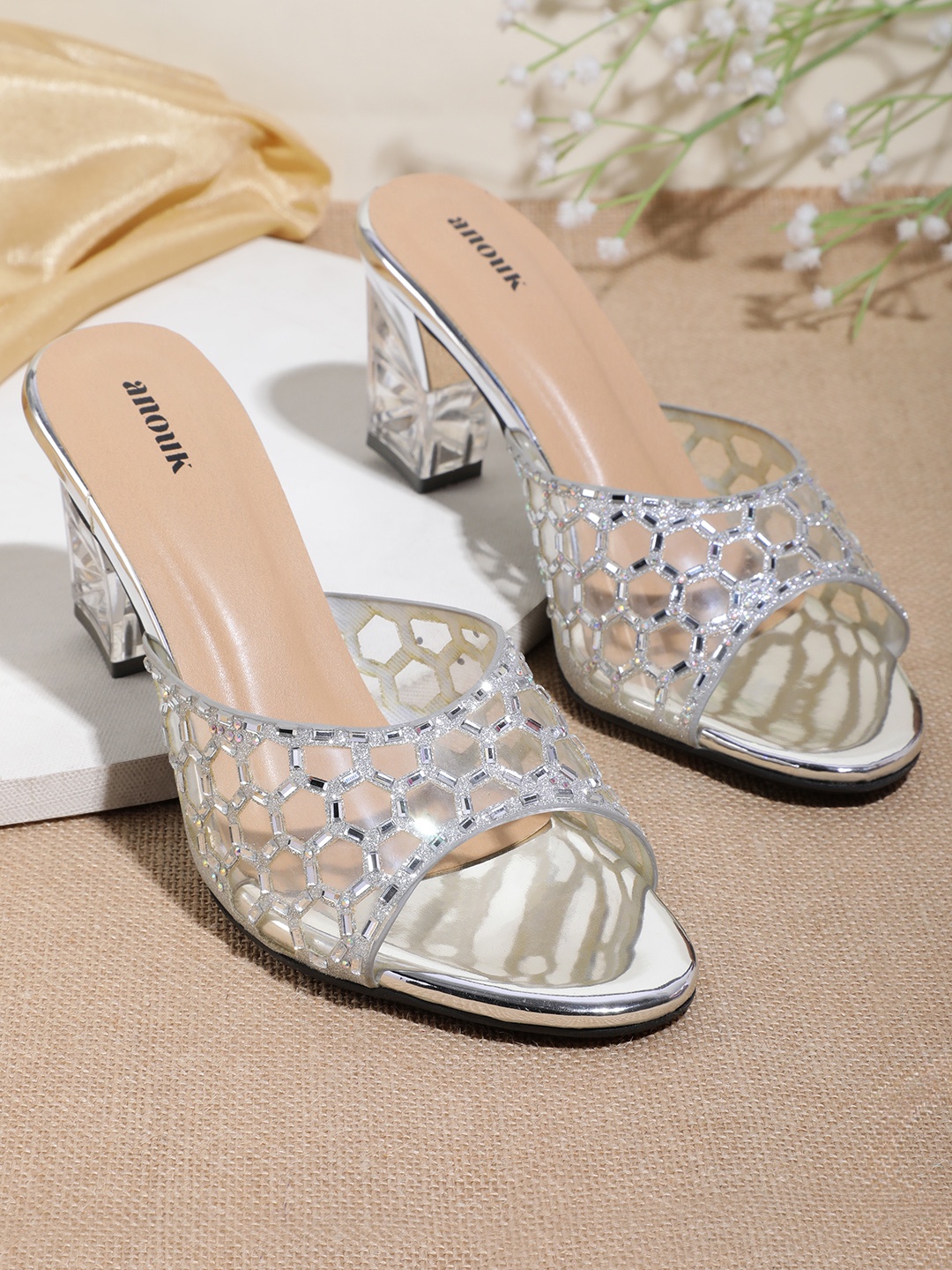 

Anouk Block Heeled Sandals with Western Embellishment Detailing, Transparent
