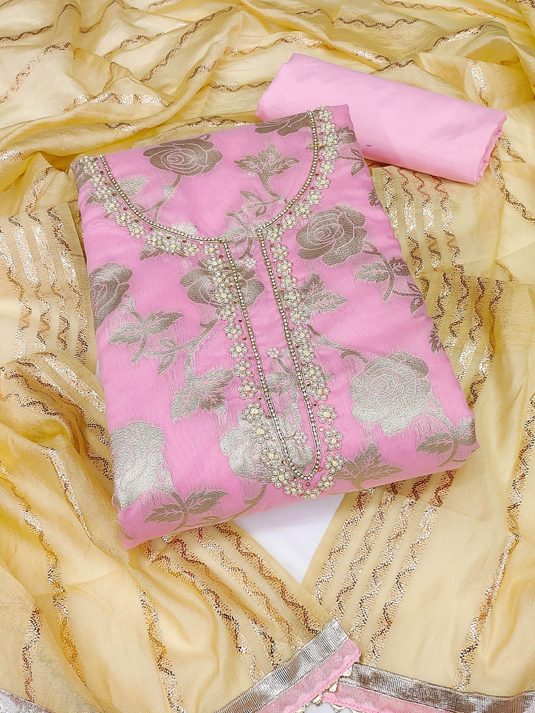 

Maroosh Embellished Unstitched Dress Material, Pink