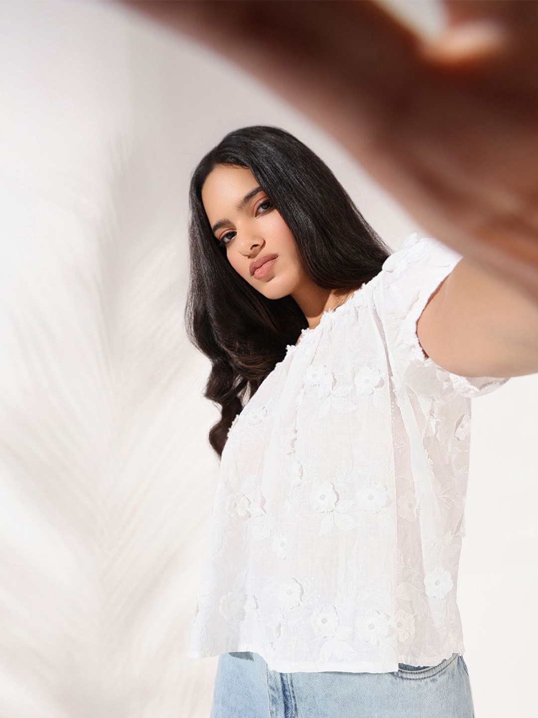 

SHOWOFF Women Floral Embroidered Off-Shoulder Puff Sleeve Top, White