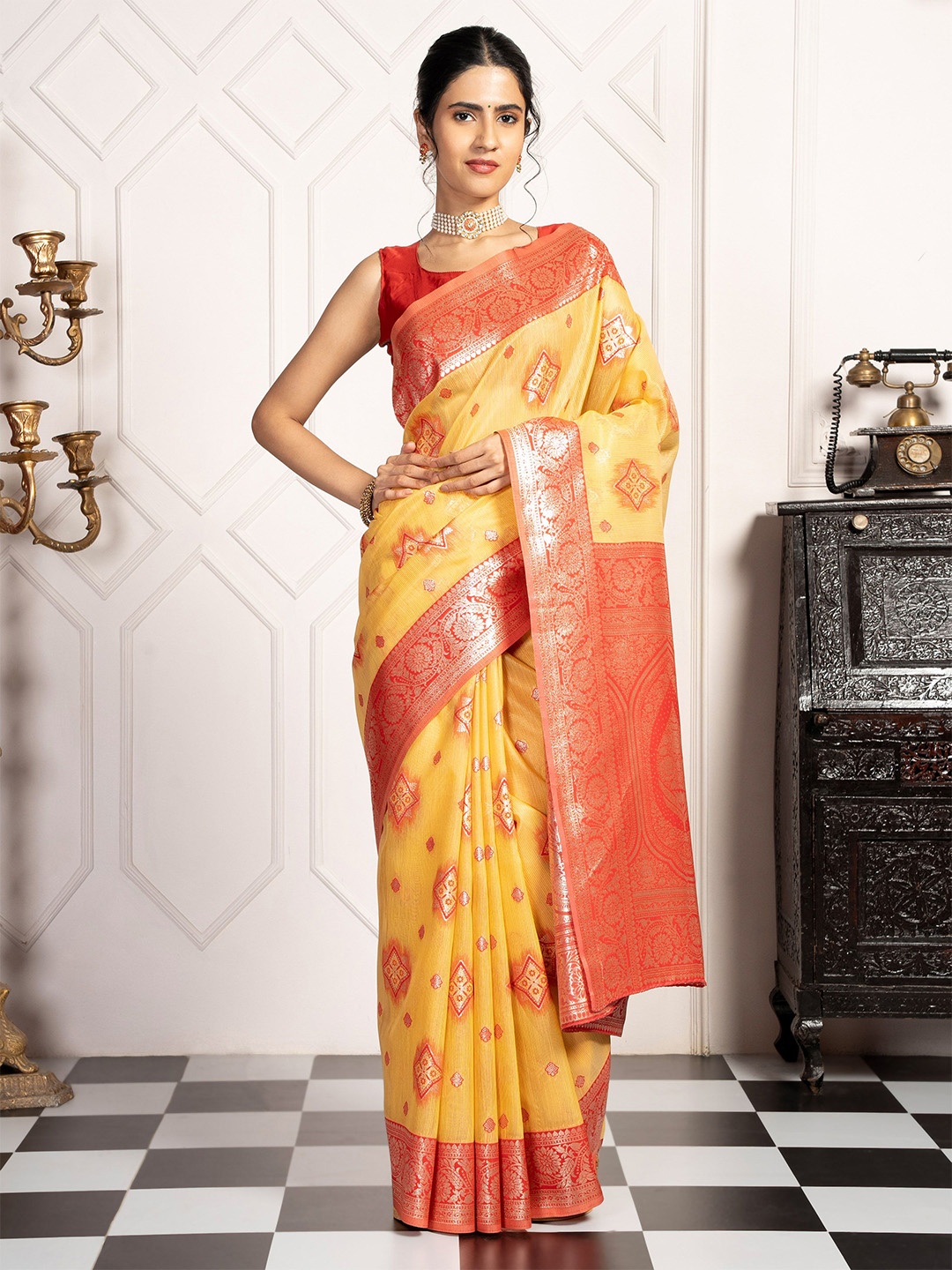 

MIMOSA Floral Zari Art Silk Designer Kanjeevaram Saree, Gold