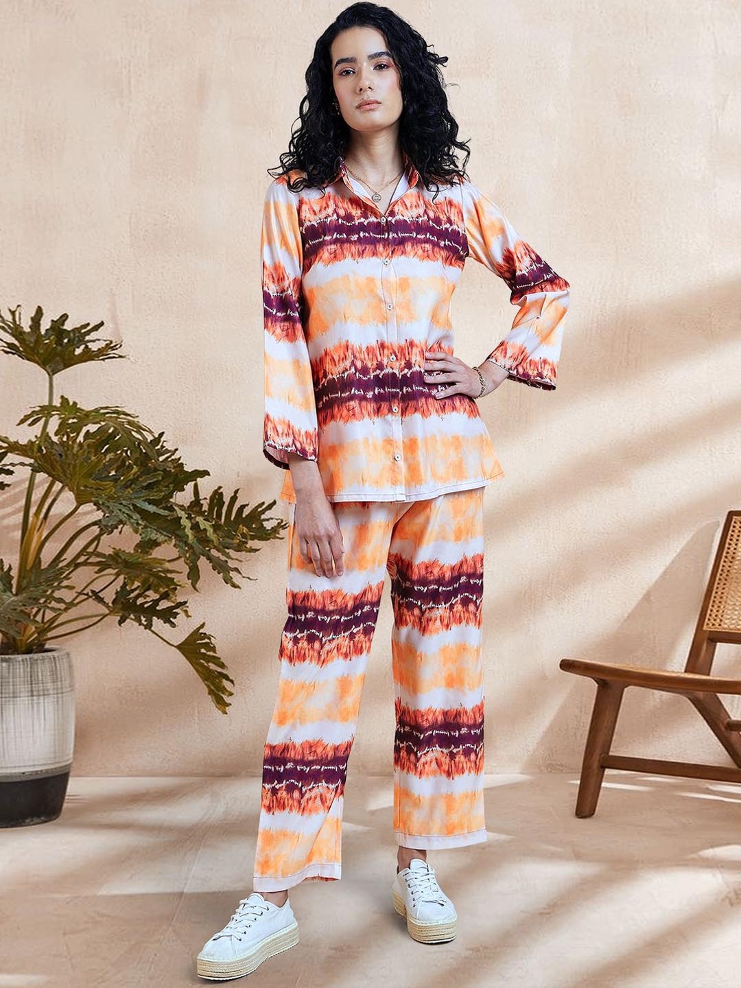 

DressBerry Brown and Orange Printed Shirt Collar Shirt & Trousers
