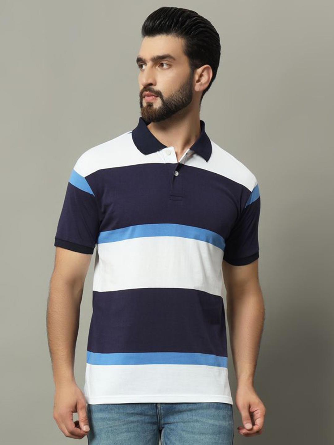 

GET GOLF Men Striped Polo Collar Cotton T-shirt, Navy blue