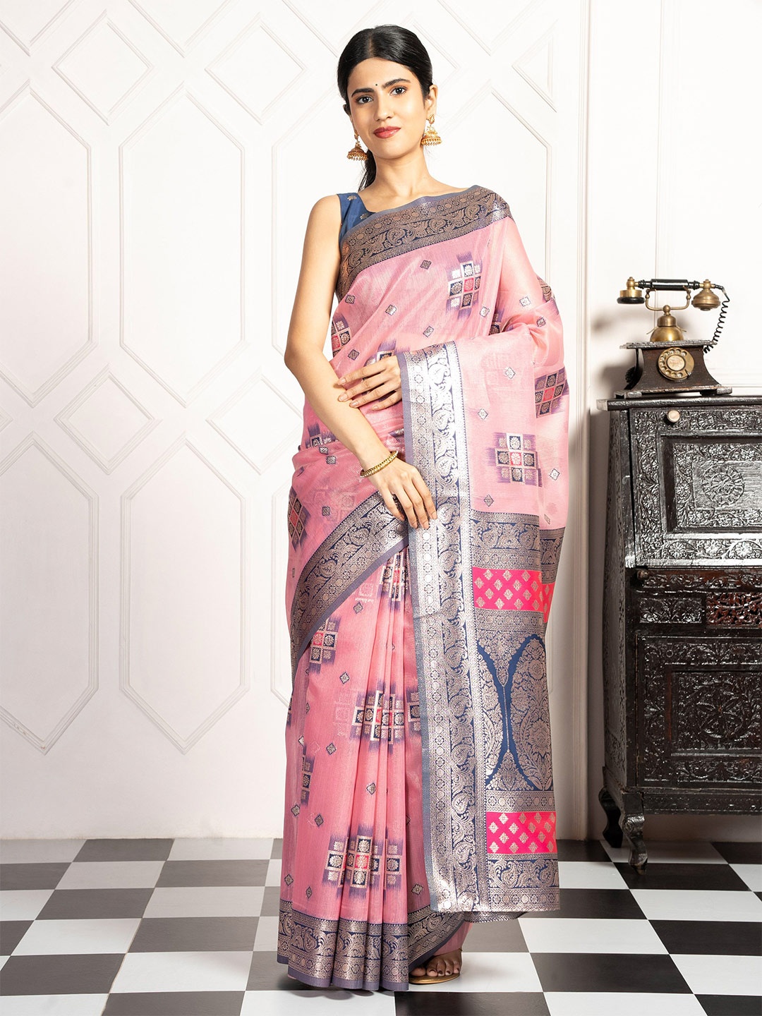 

MIMOSA Woven Design Zari Art Silk Kanjeevaram Saree, Pink