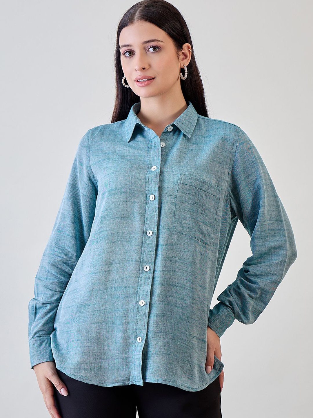 

The Kaftan Company Linen Shirt Style Top, Green