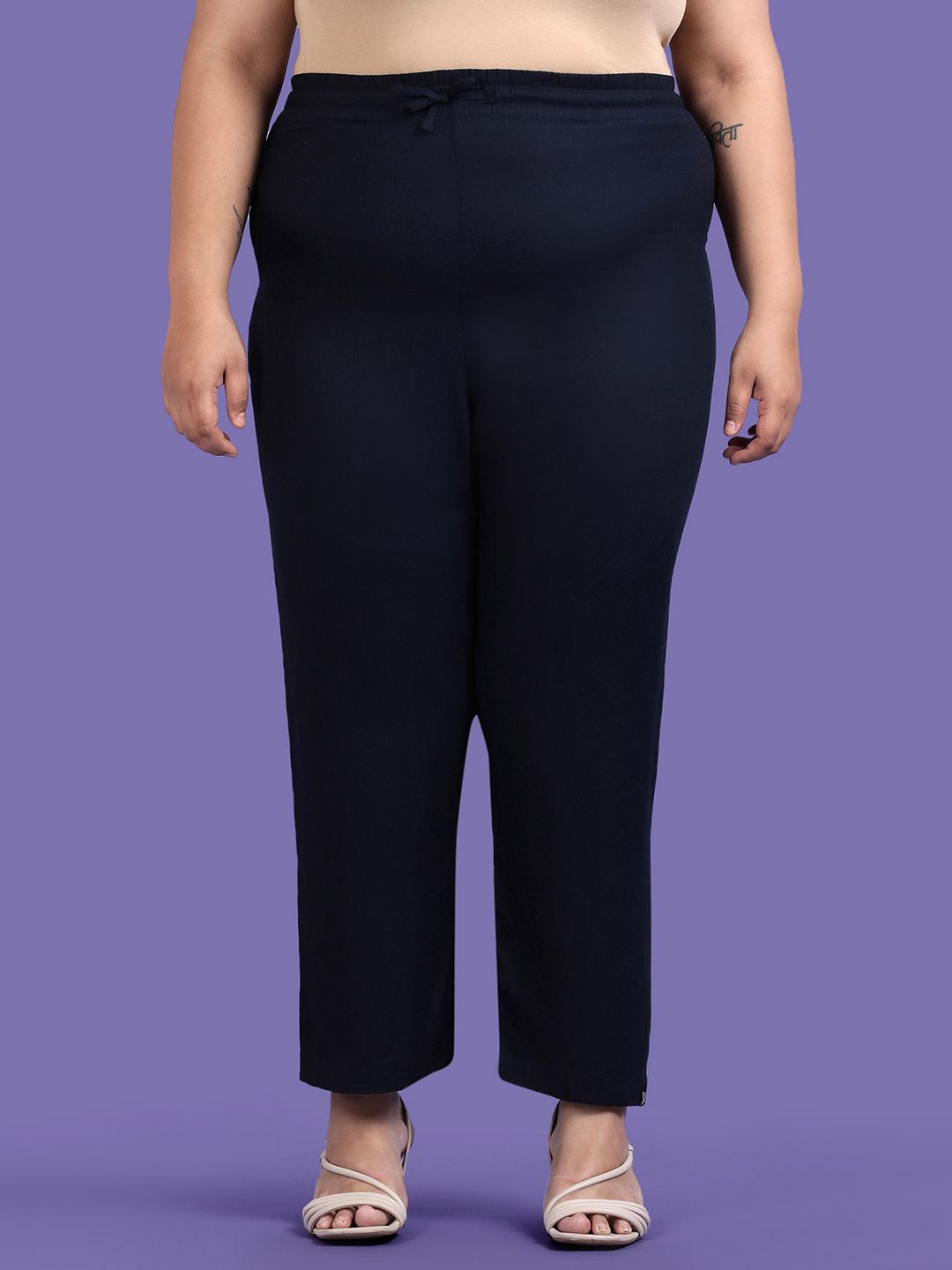 

TWIN BIRDS Plus Size Women Solid Woven Relaxed Fit Palazzos, Navy blue