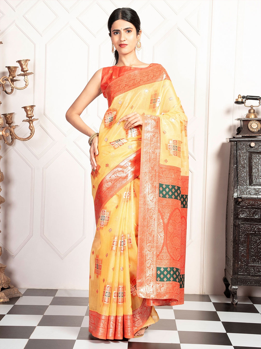 

MIMOSA Floral Zari Art Silk Kanjeevaram Saree, Gold