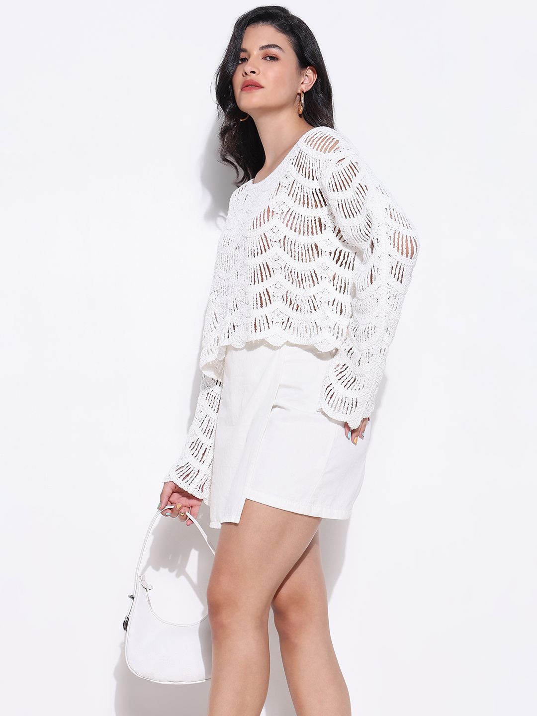 

SHOWOFF Women Self Design Long Sleeves Crochet Top, White