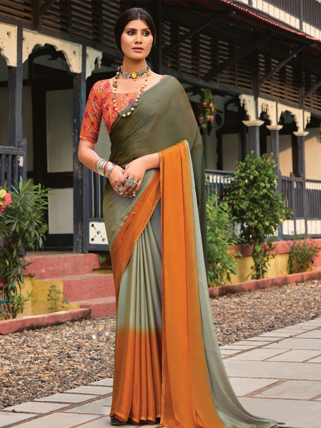 

Mitera Ombre Beads and Stones Poly Chiffon Designer Saree, Orange