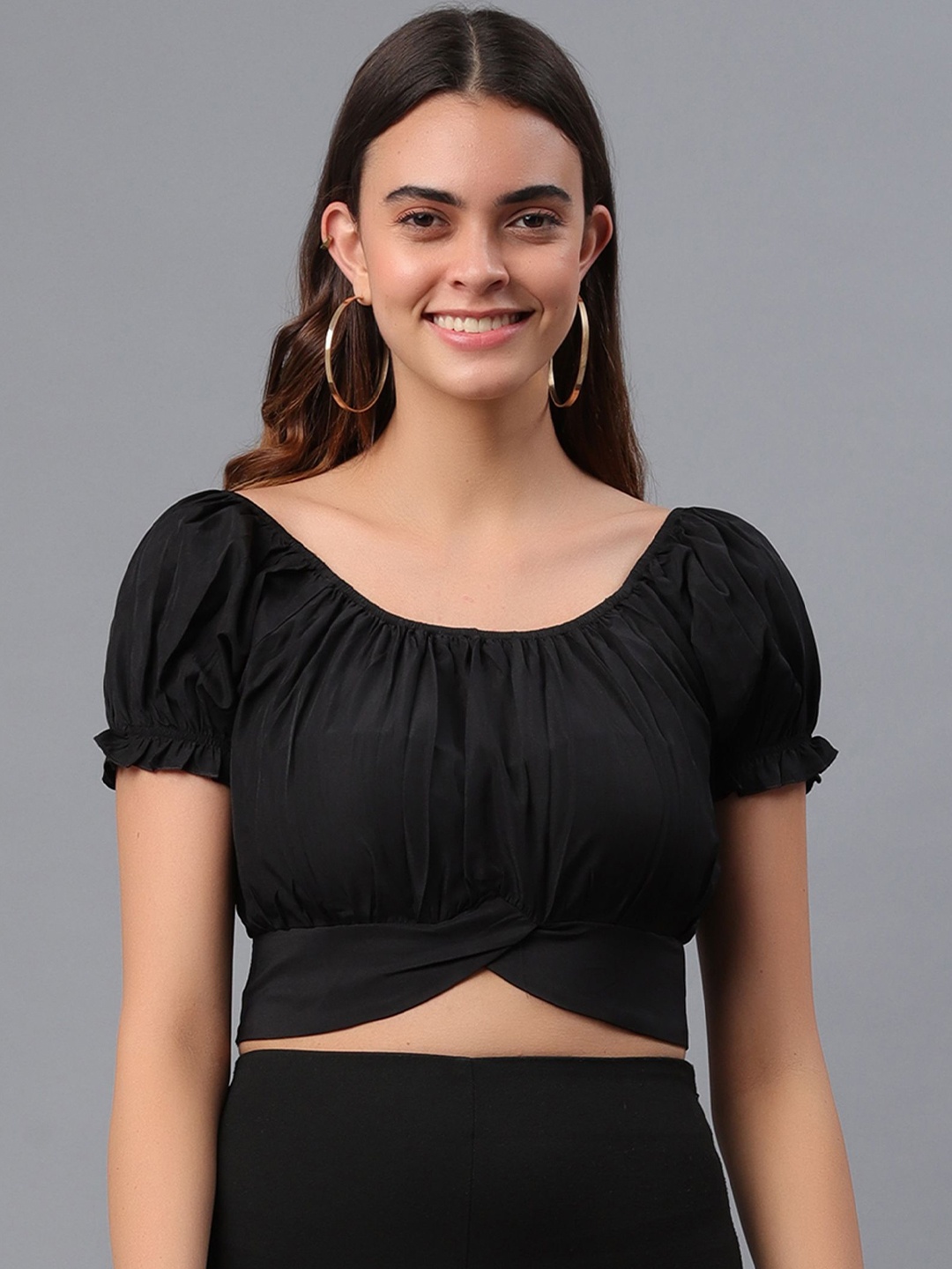 

all about you Puff Sleeve Blouson Crop Top, Black