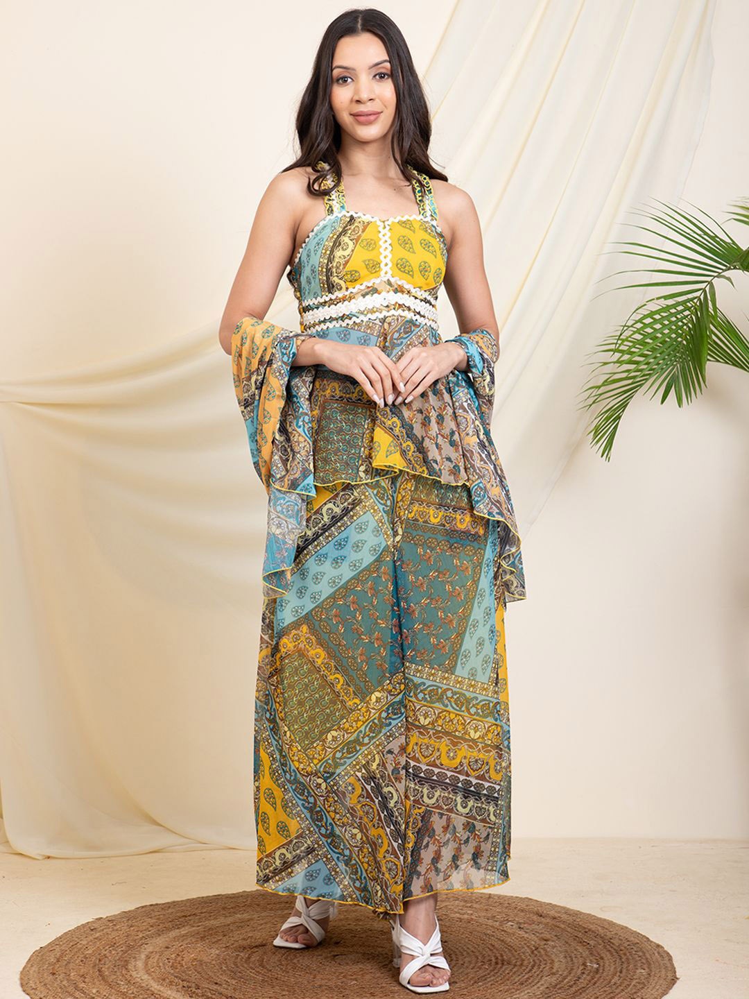 

DEEBACO Shoulder Straps Printed Top & Palazoo With Dupatta, Yellow