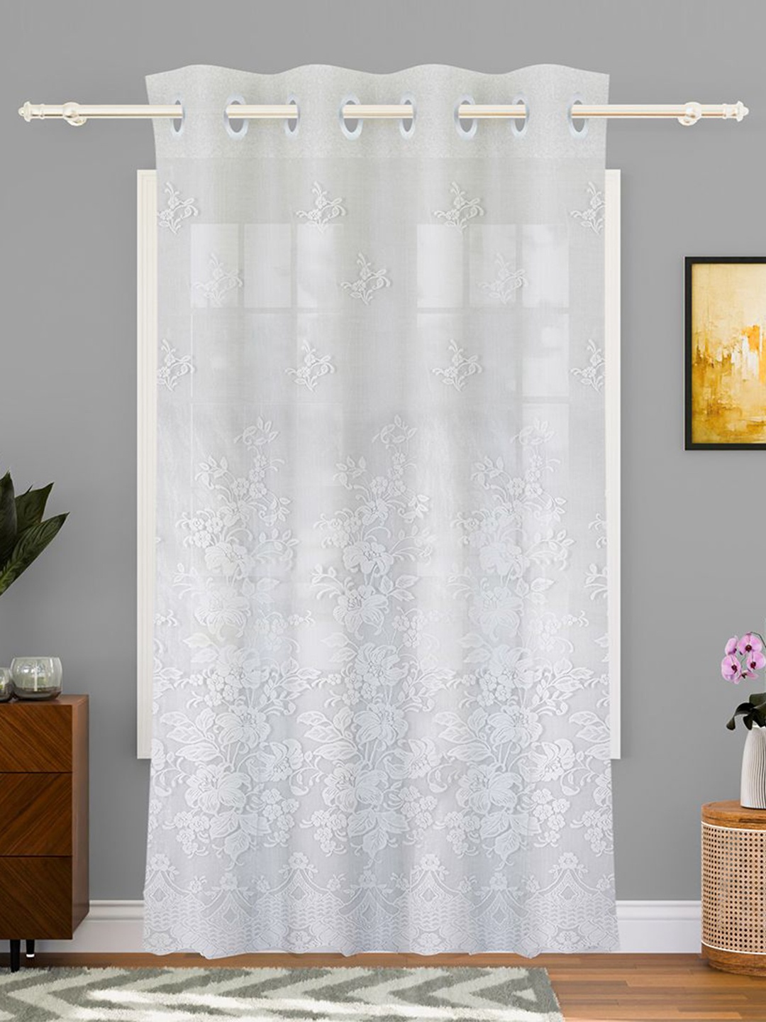 

Kuber Industries White & Grey Floral Sheer Door Curtain