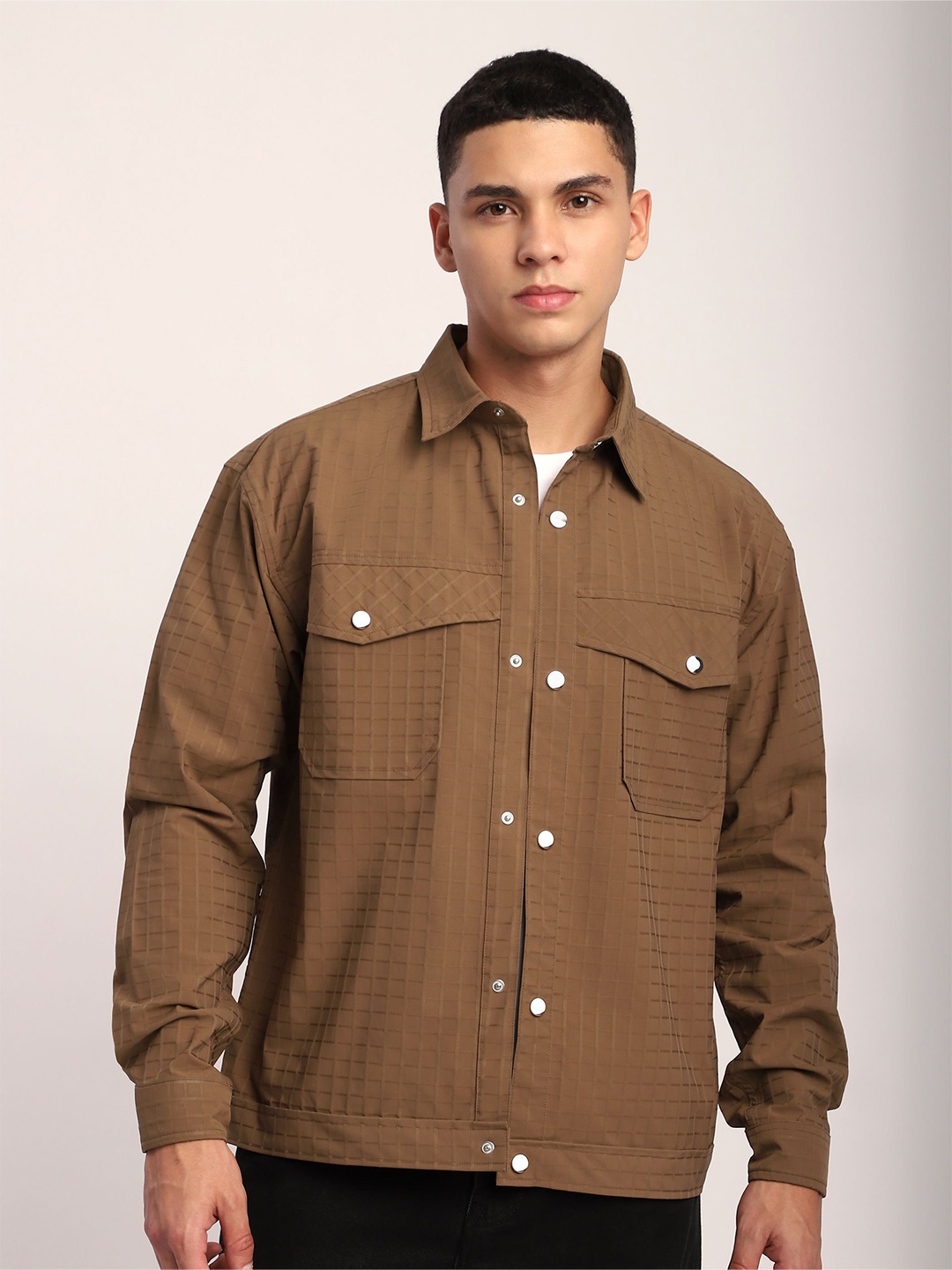 

Beyoung Block Textured Shacket, Brown