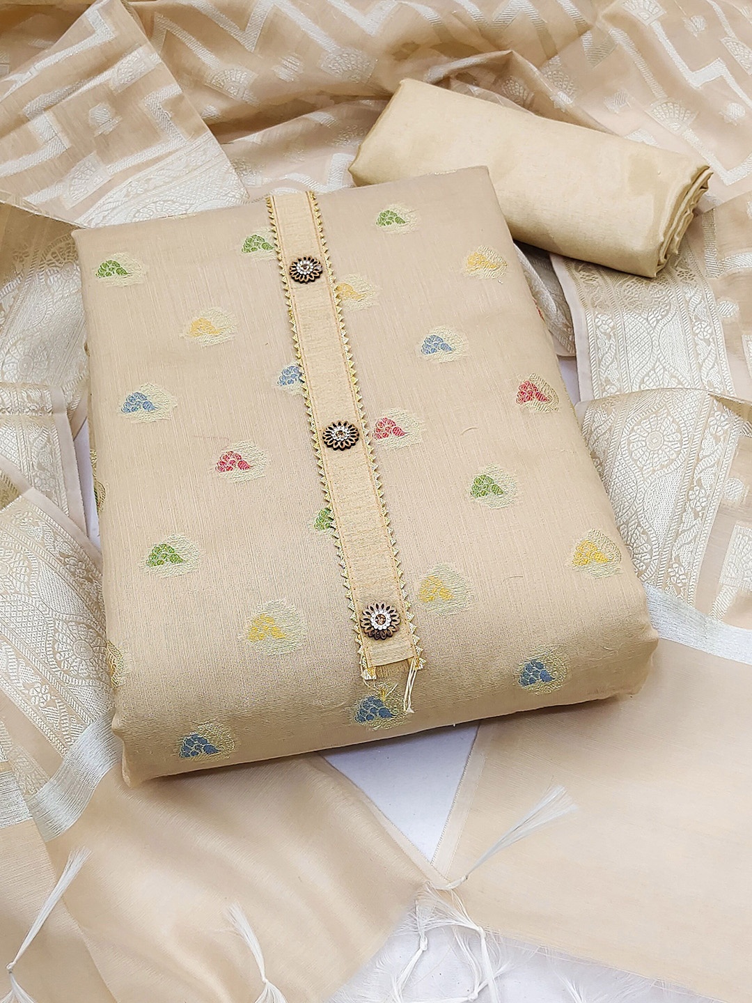 

Maroosh Embellished Unstitched Dress Material, Beige