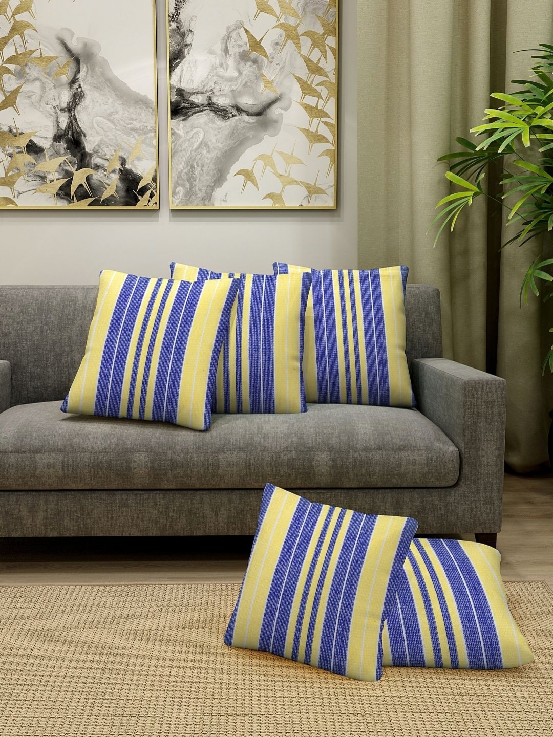 

Aura Blue & Yellow 5 Pieces Striped Square Cotton Cushion Covers