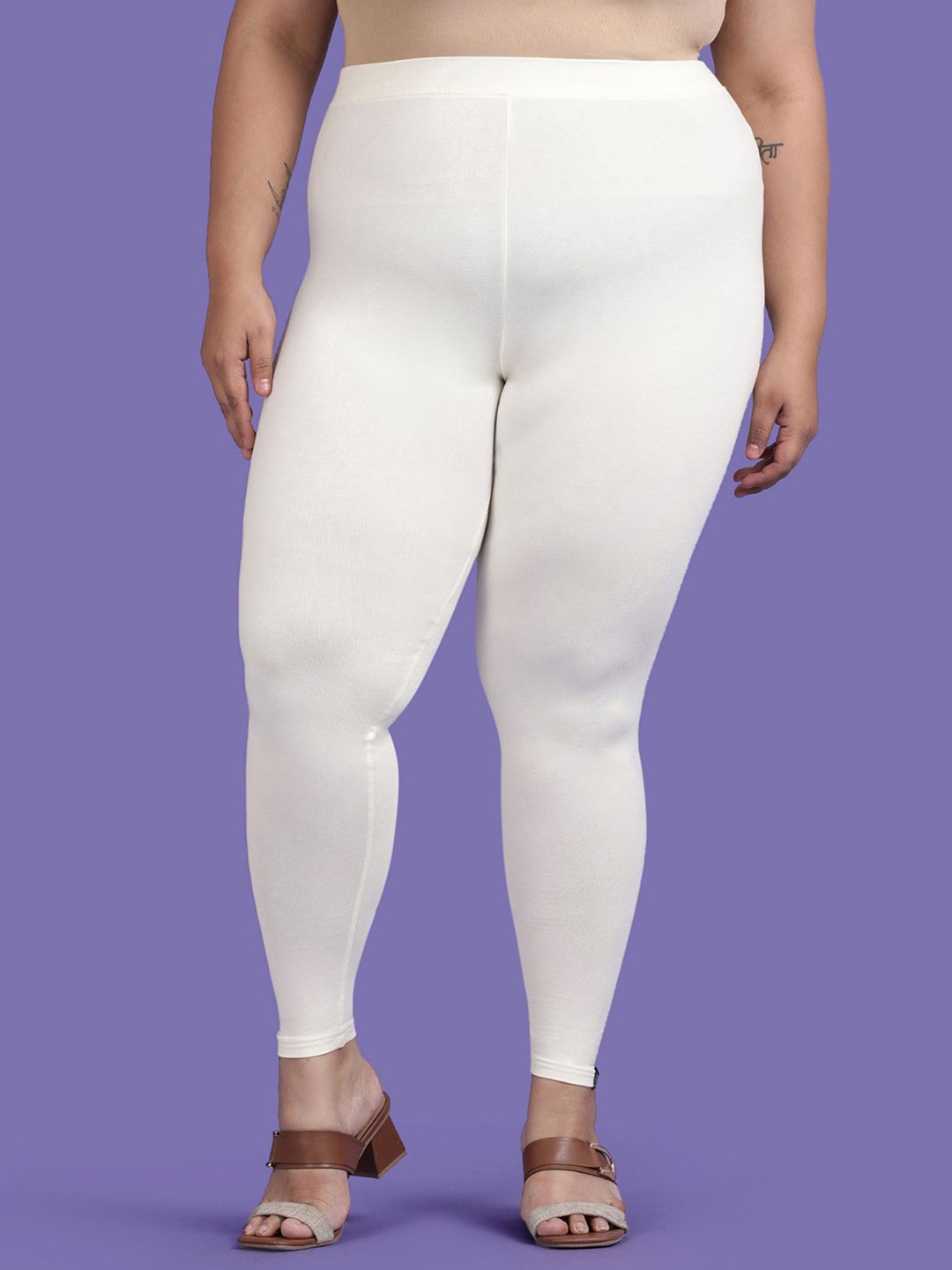 

TWIN BIRDS Plus Size Women Solid Super Stretch Viscose Ankle Length Leggings, Off white