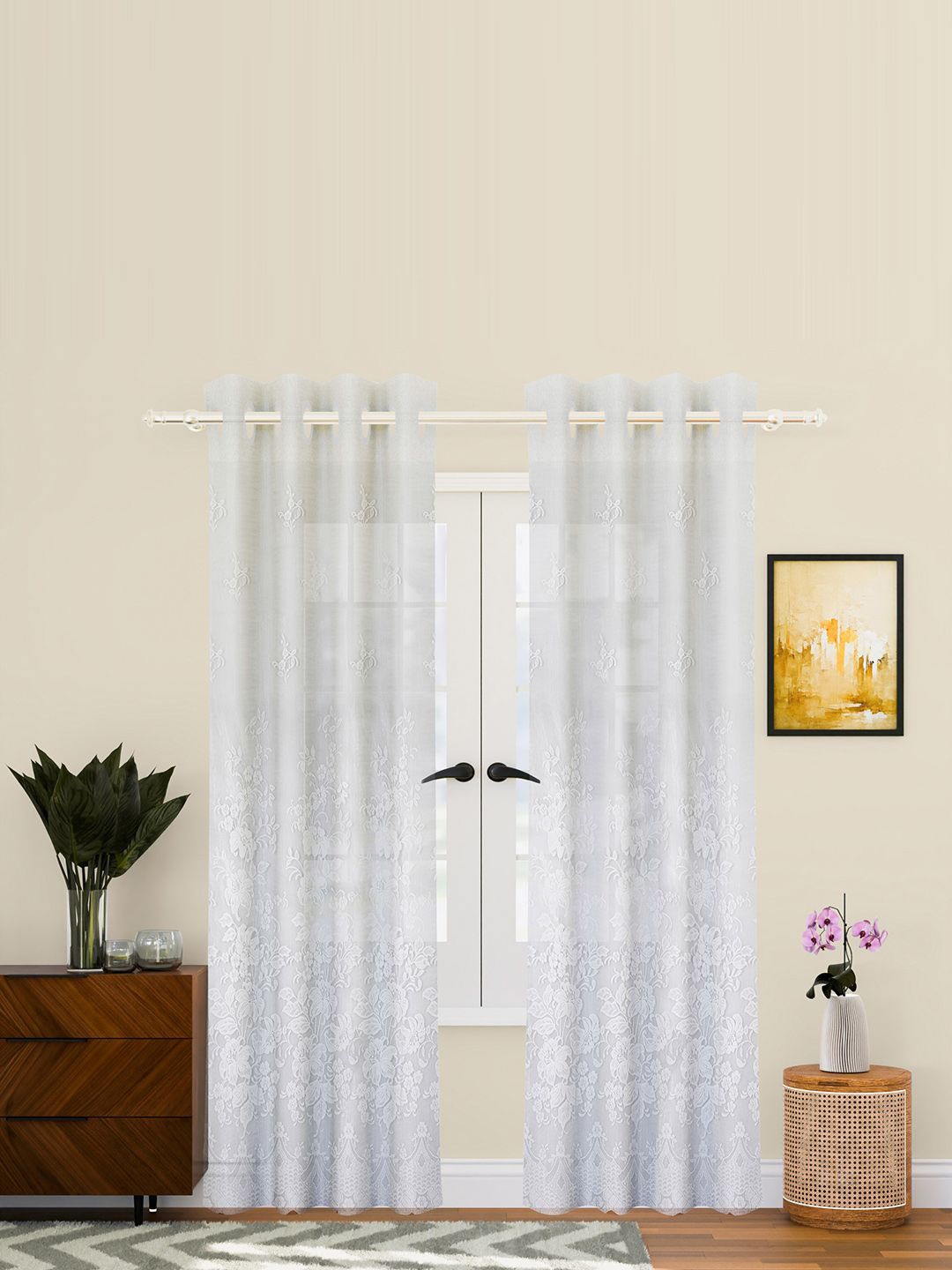 

Kuber Industries White Set of 2 Embroidered Door Curtain