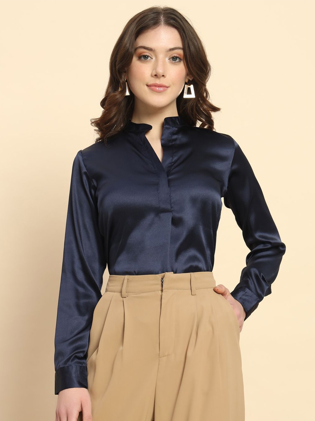 

BAESD Mandarin Collar Satin Shirt Style Top, Navy blue