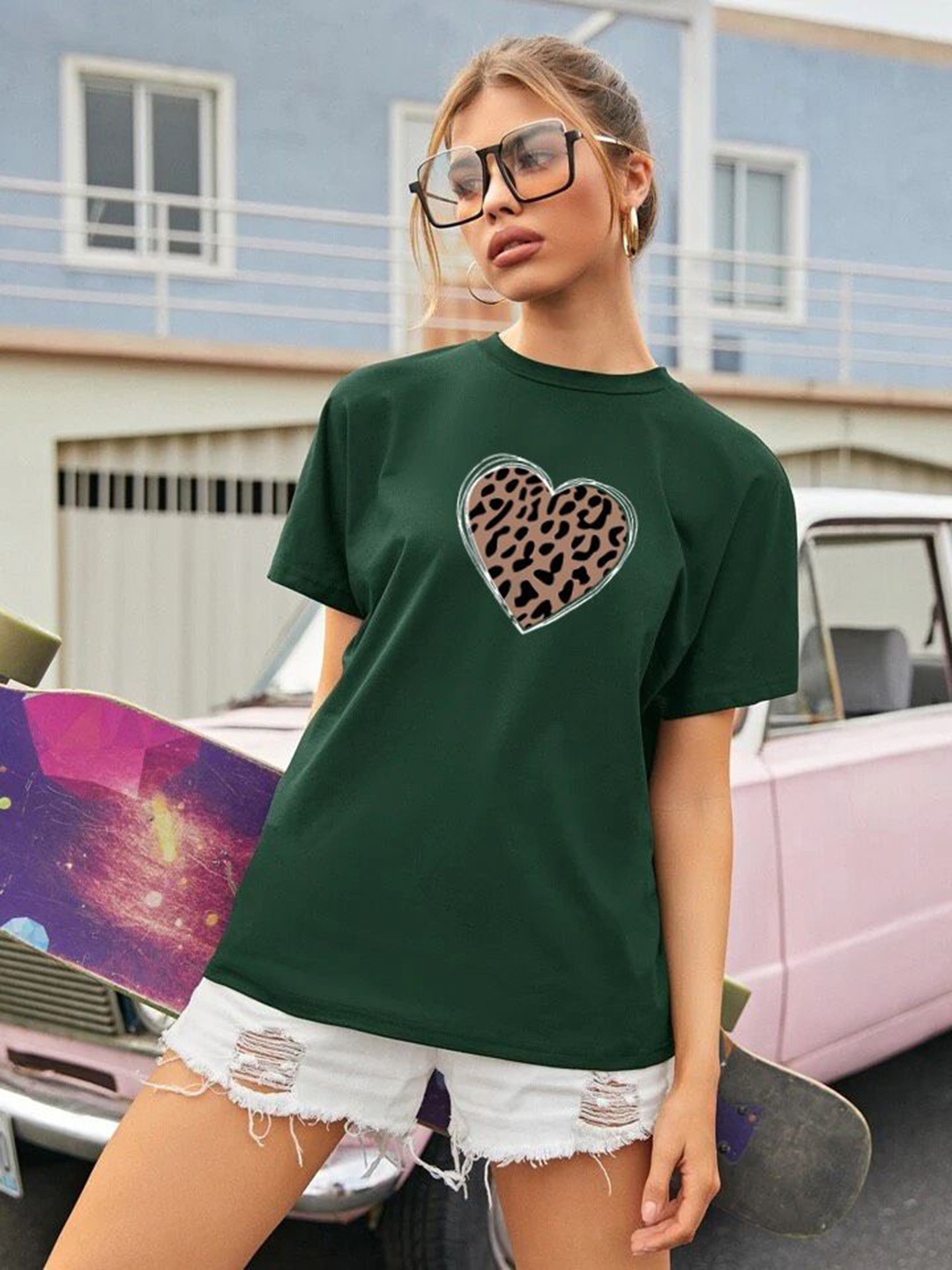

BOMBAE TEES Women Printed Bio Finish Pockets T-shirt, Green