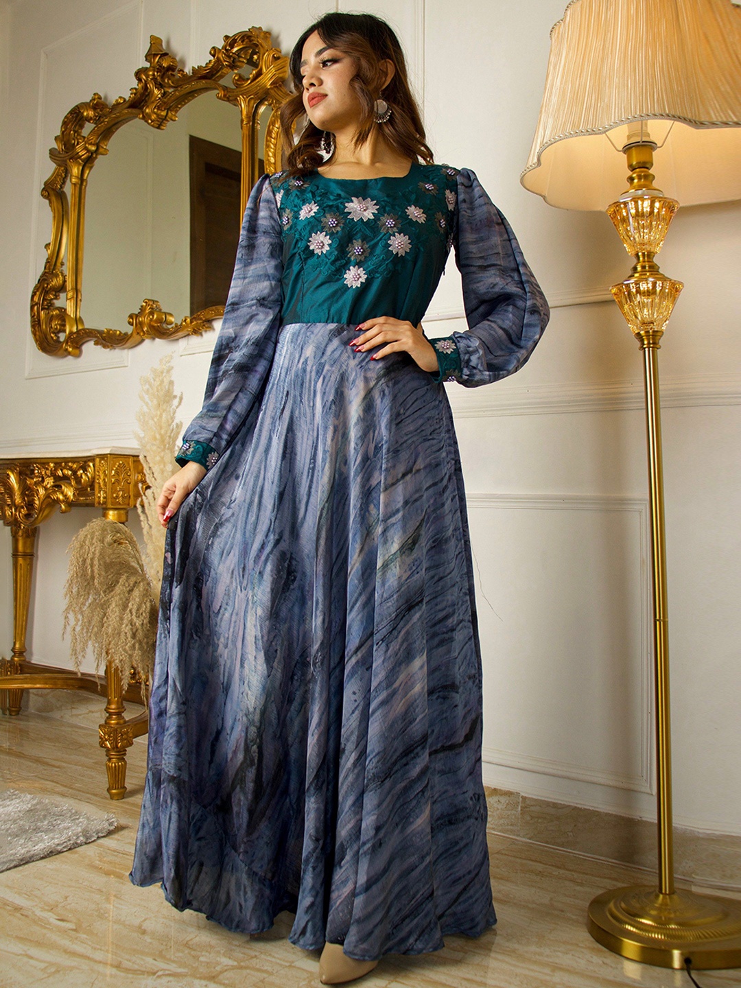 

VIVARAA FASHION Embroidered Chiffon Fit & Flare Maxi Dress, Blue