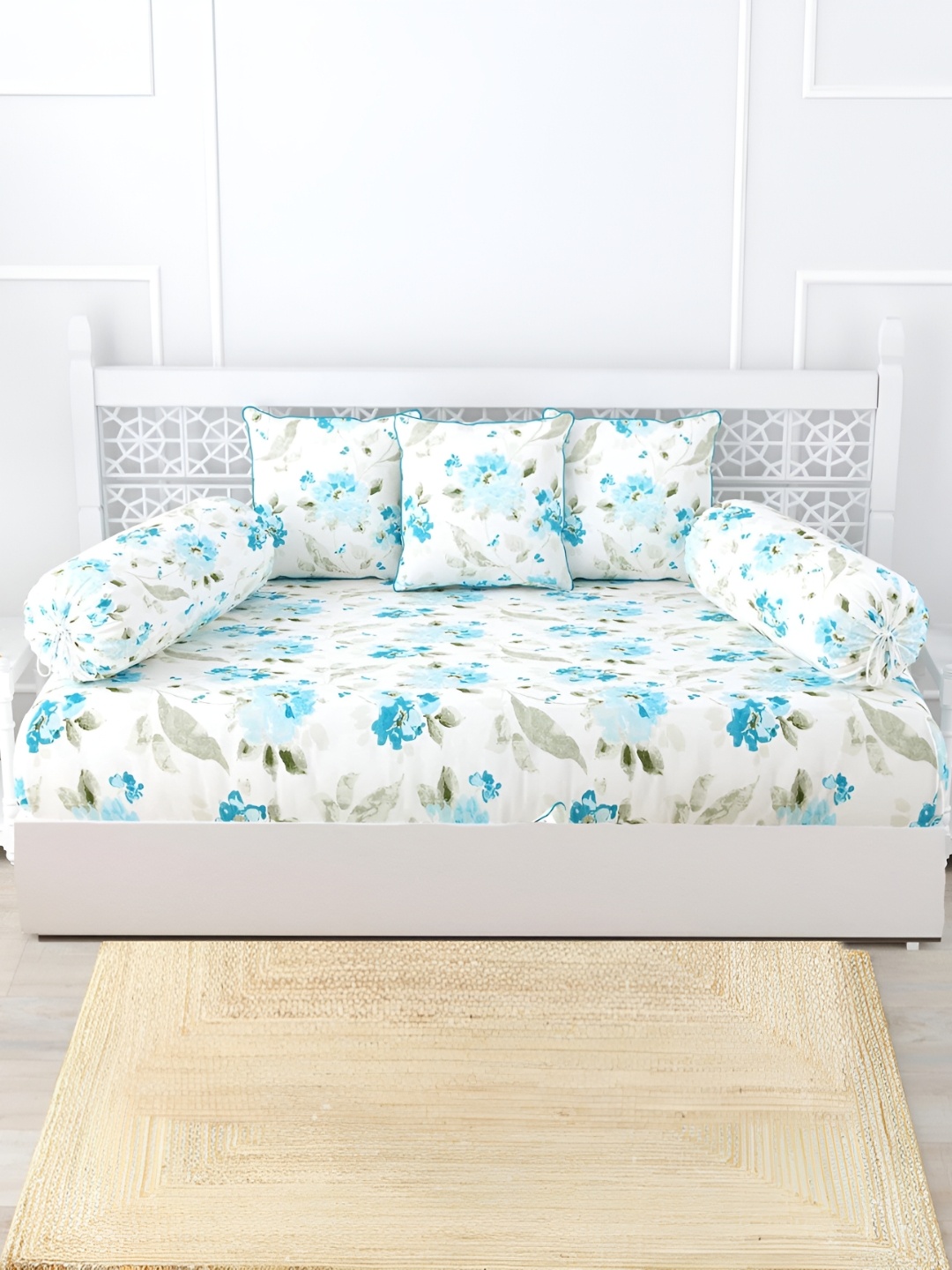 

Trance Home Linen Set Of 6 Blue & White Floral-Printed 200 TC Diwan Set